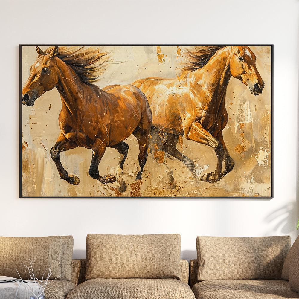 Golden Horses Running Painting by Krutik – Modern Equestrian Wall Art