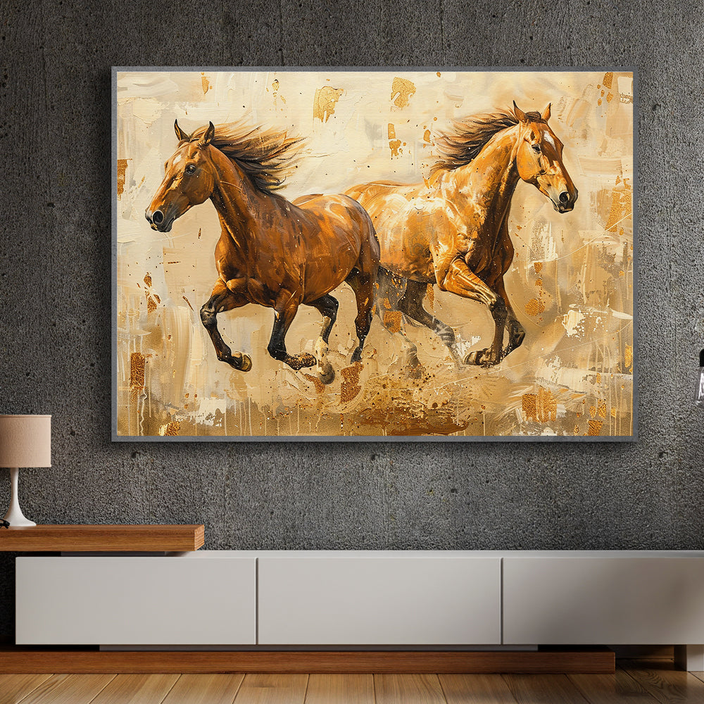 Golden Horses Running Painting by Krutik – Modern Equestrian Wall Art