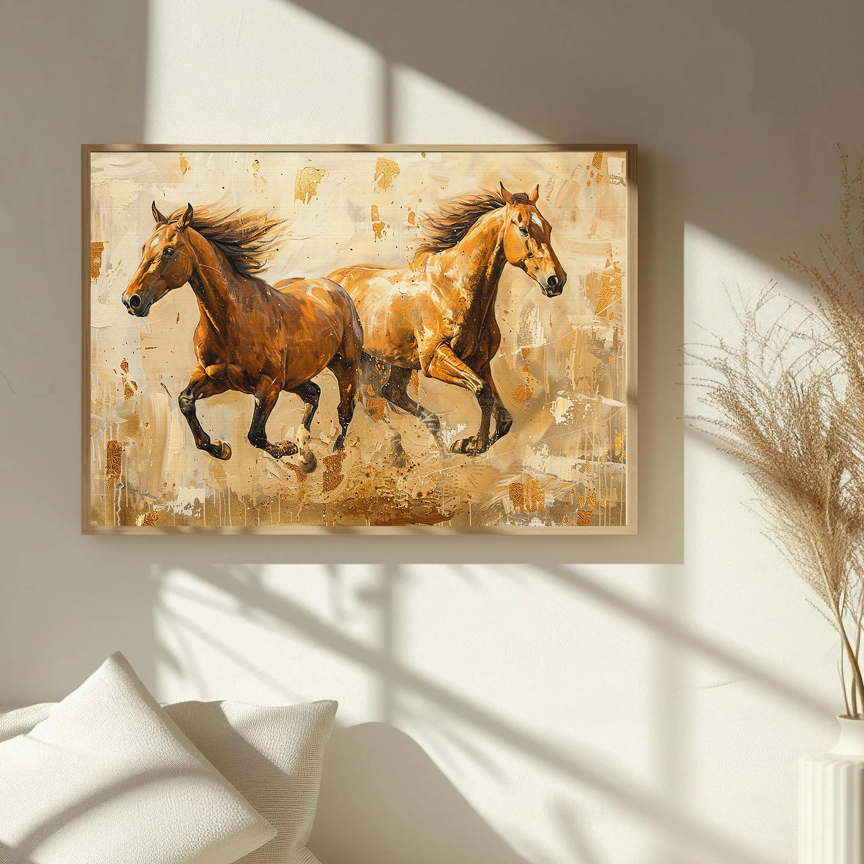 Golden Horses Running Painting by Krutik – Modern Equestrian Wall Art