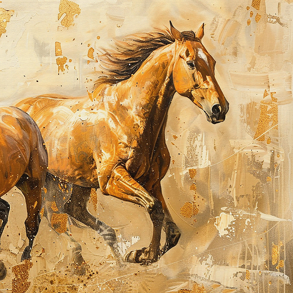Golden Horses Running Painting by Krutik – Modern Equestrian Wall Art