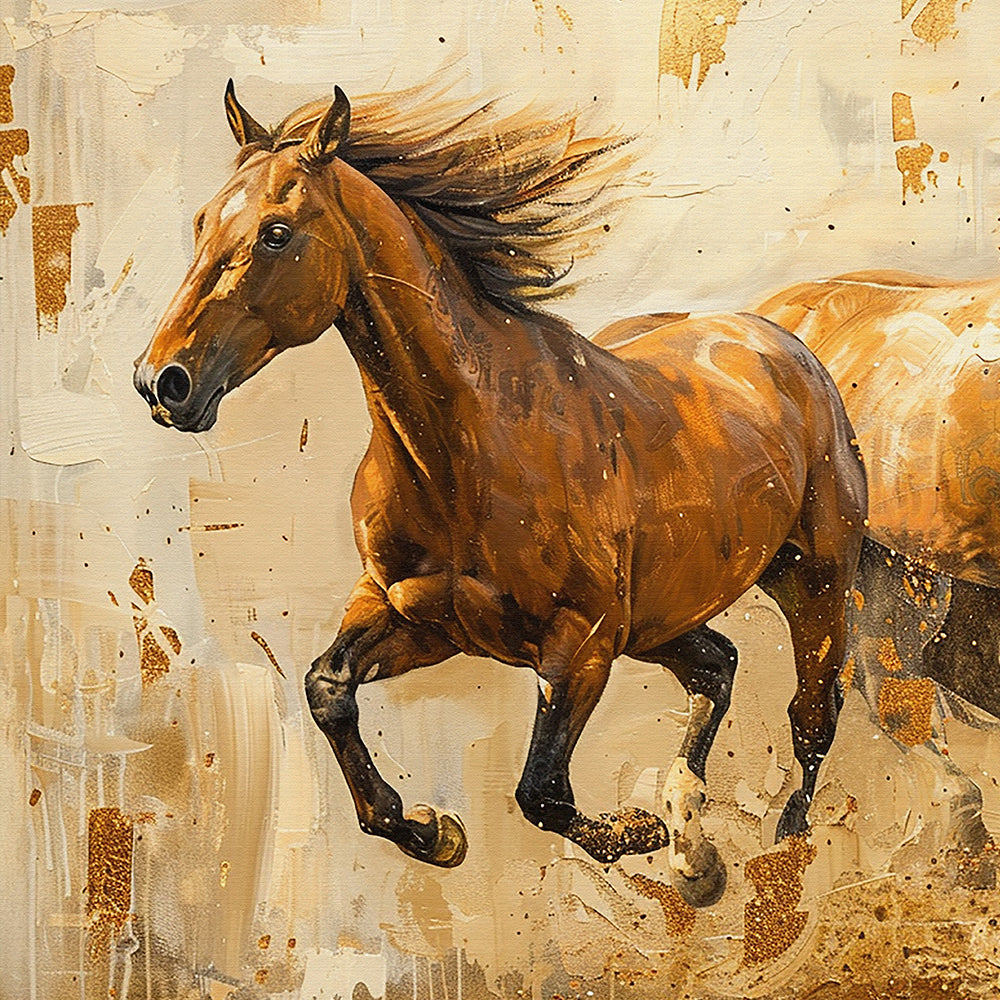 Golden Horses Running Painting by Krutik – Modern Equestrian Wall Art