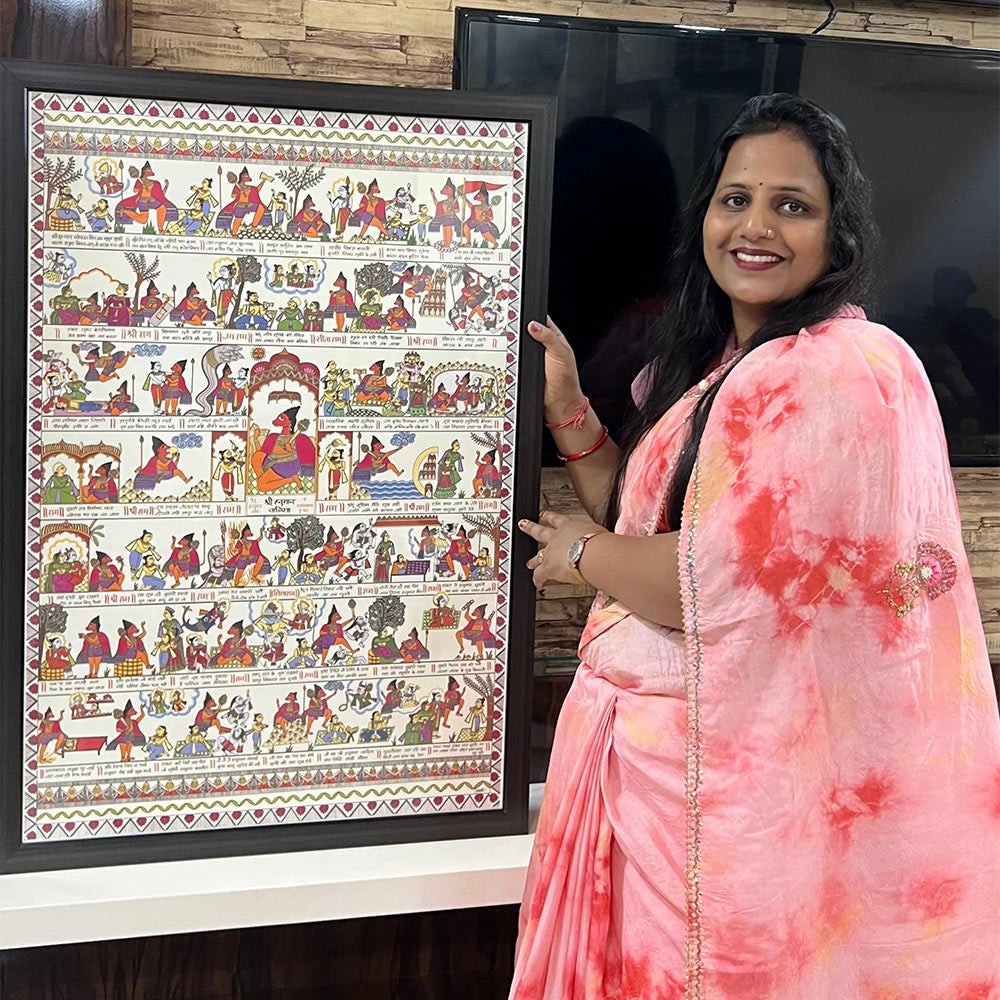 Handmade Hanuman Chalisa Painting | 3x4 Ft Madhubani Sacred Art