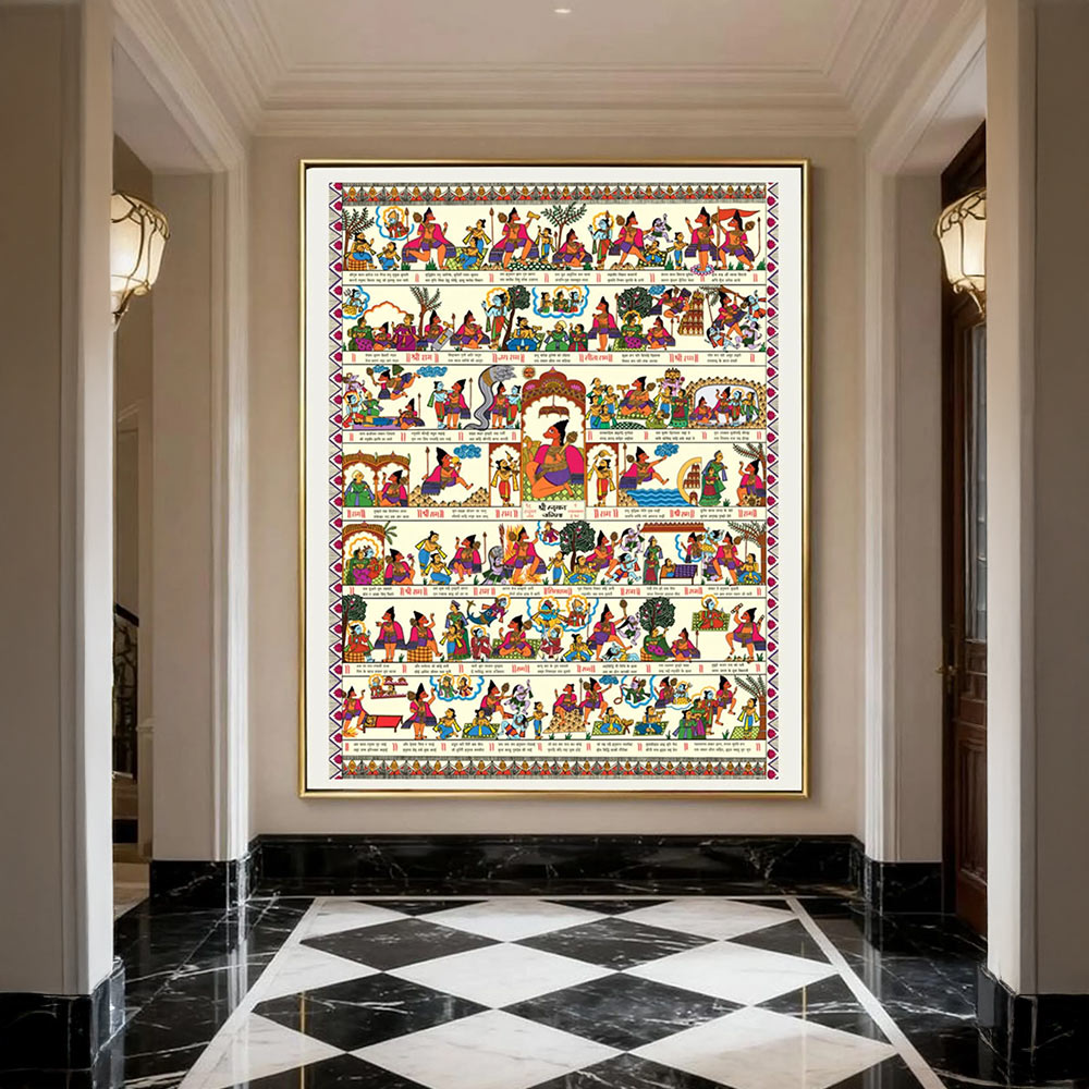 Handmade Hanuman Chalisa Painting | 3x4 Ft Madhubani Sacred Art