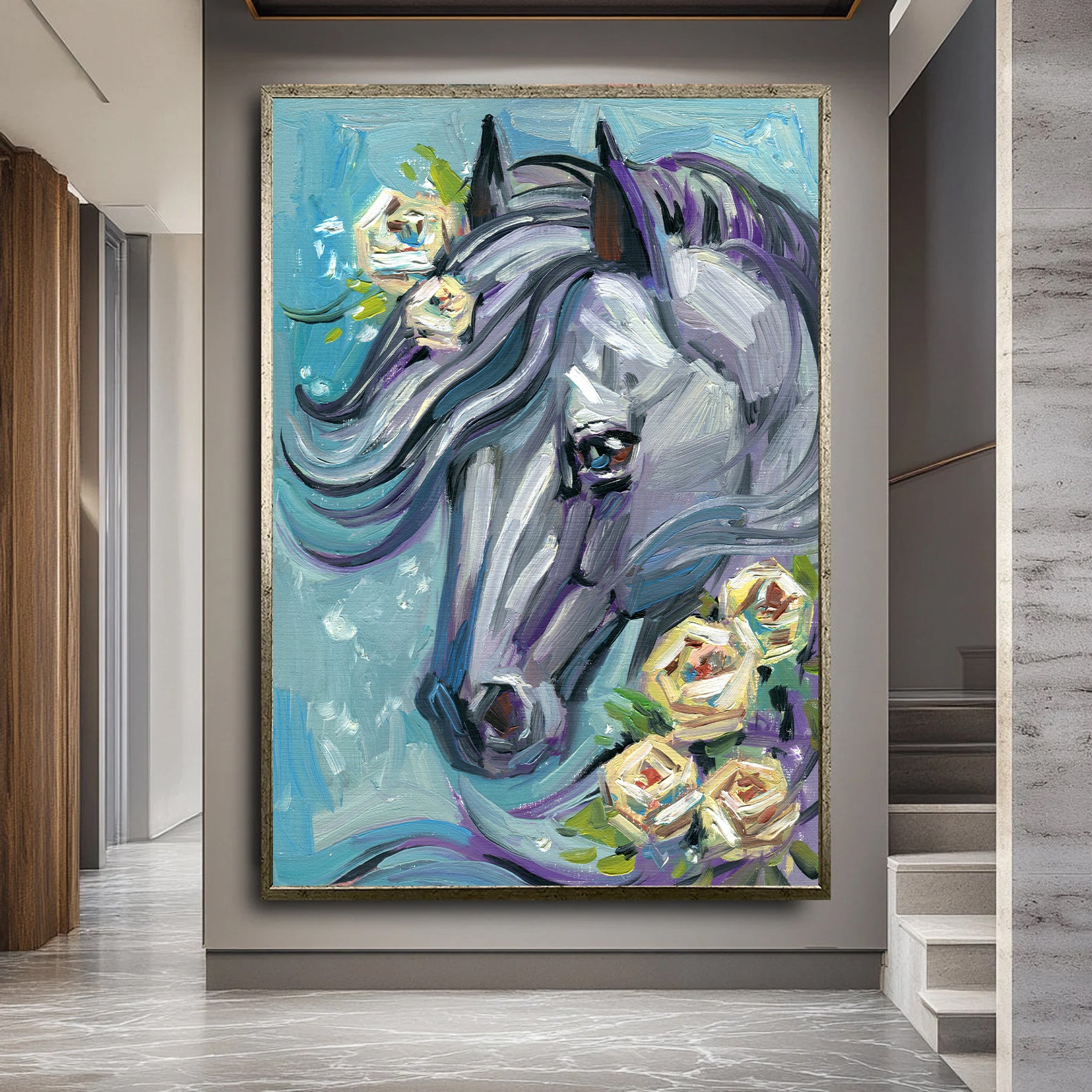 Floral Horse Painting by Krutik – Expressive Brushstroke Wall Art
