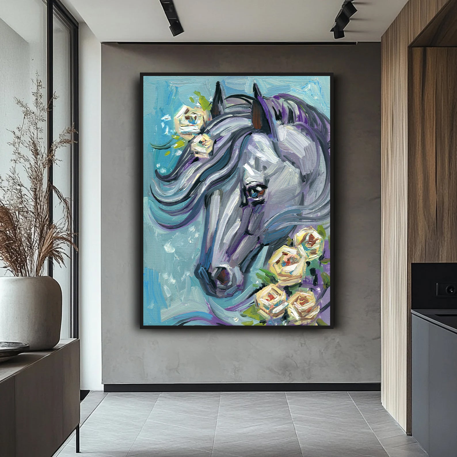 Floral Horse Painting by Krutik – Expressive Brushstroke Wall Art