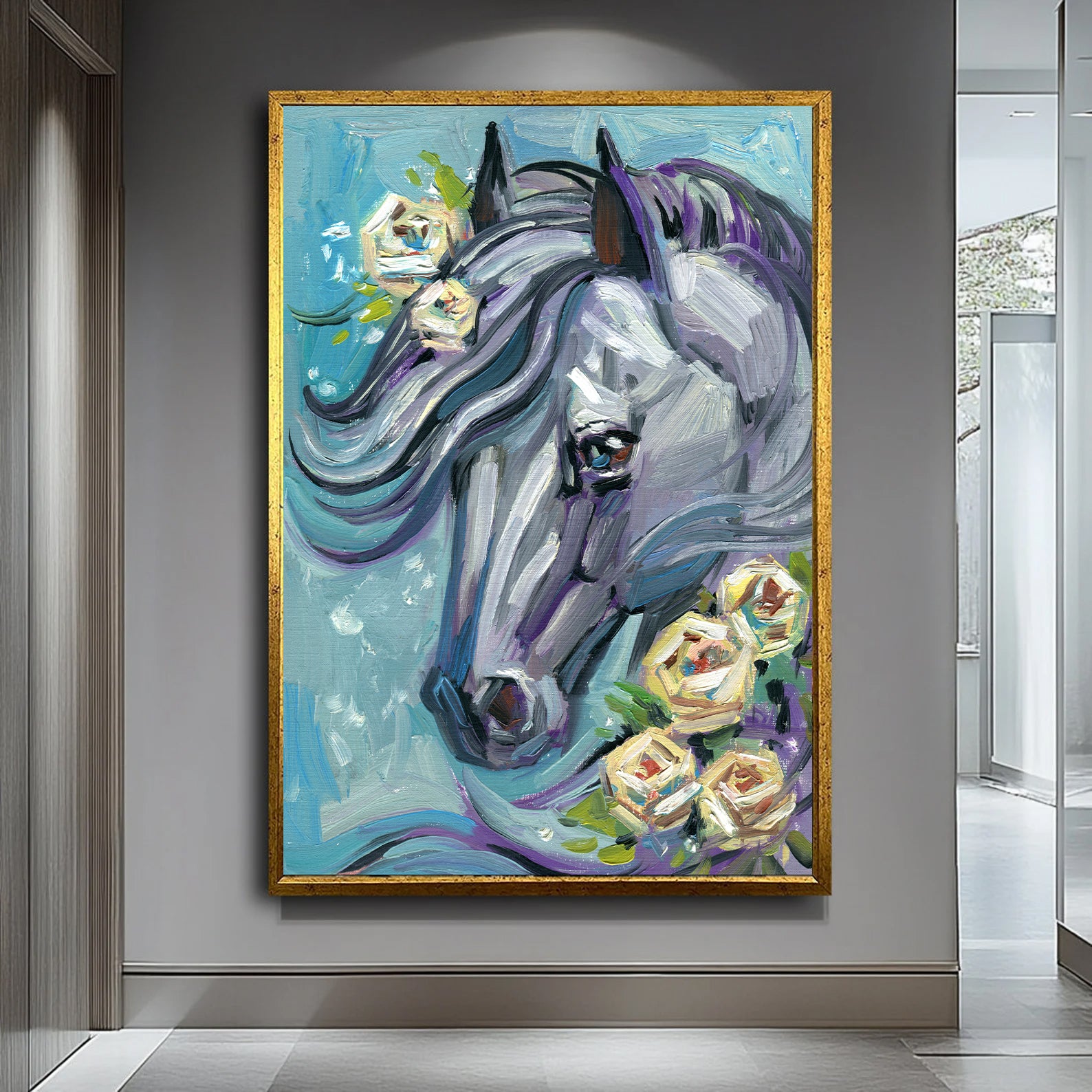 Floral Horse Painting by Krutik – Expressive Brushstroke Wall Art