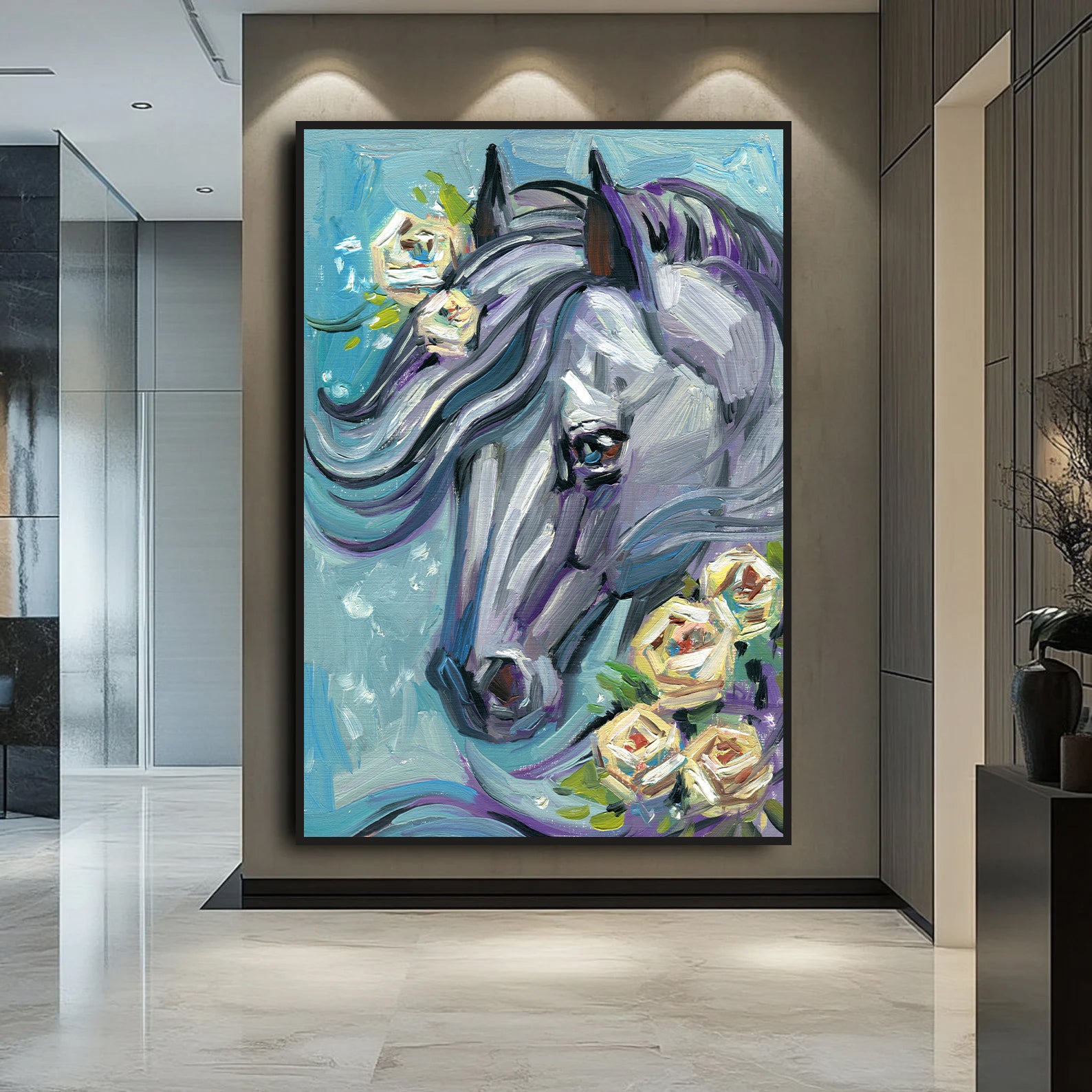 Floral Horse Painting by Krutik – Expressive Brushstroke Wall Art