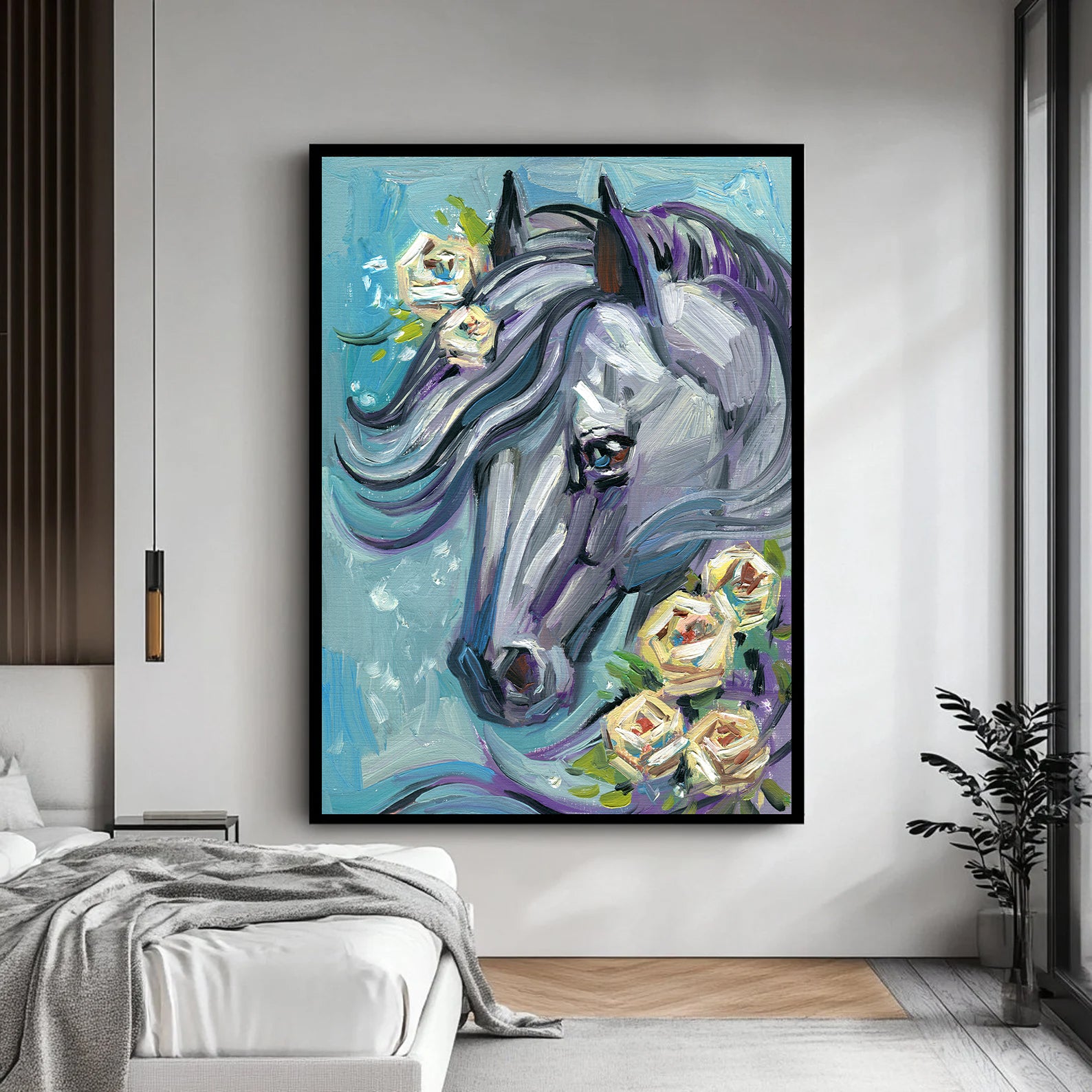 Floral Horse Painting by Krutik – Expressive Brushstroke Wall Art
