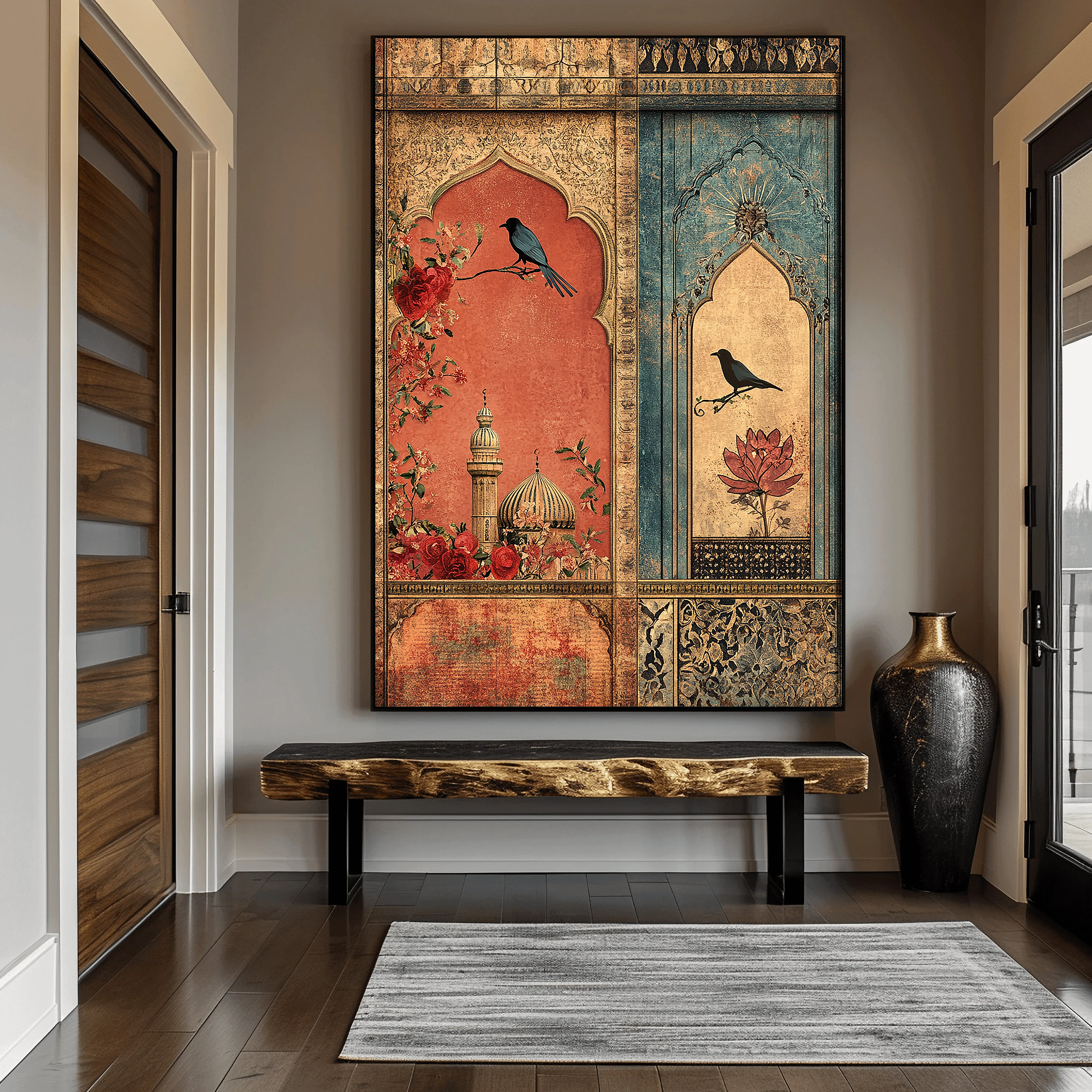 Verses on the Wall – Twin Panels of Mosque, Birds & Blossoms