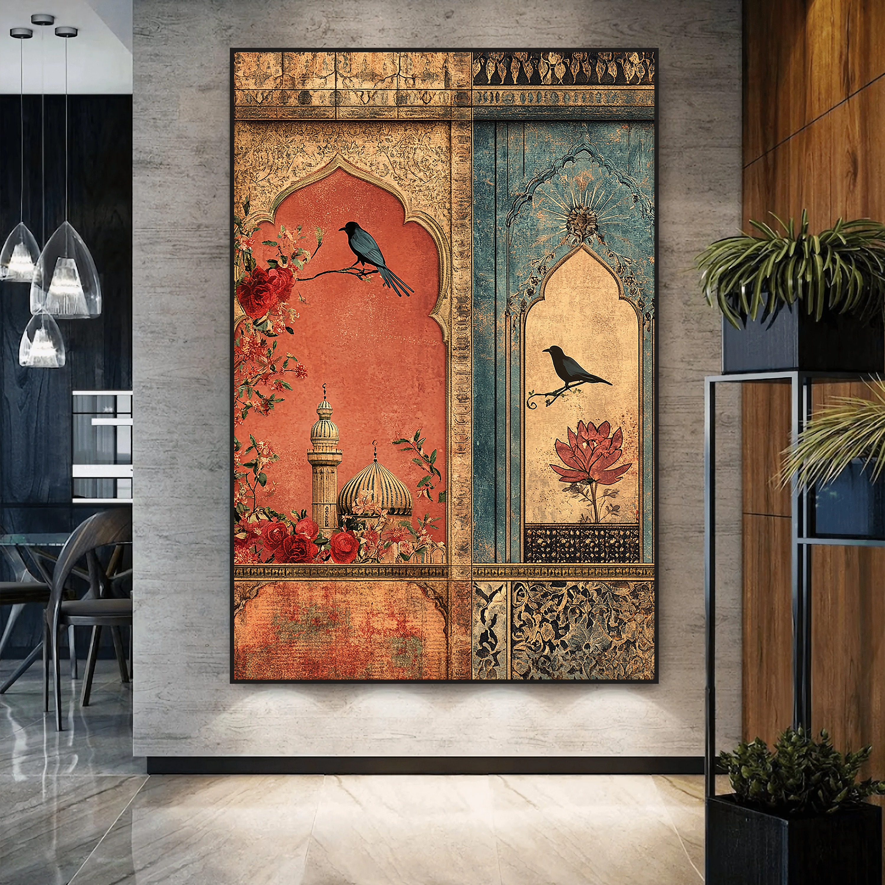 Verses on the Wall – Twin Panels of Mosque, Birds & Blossoms