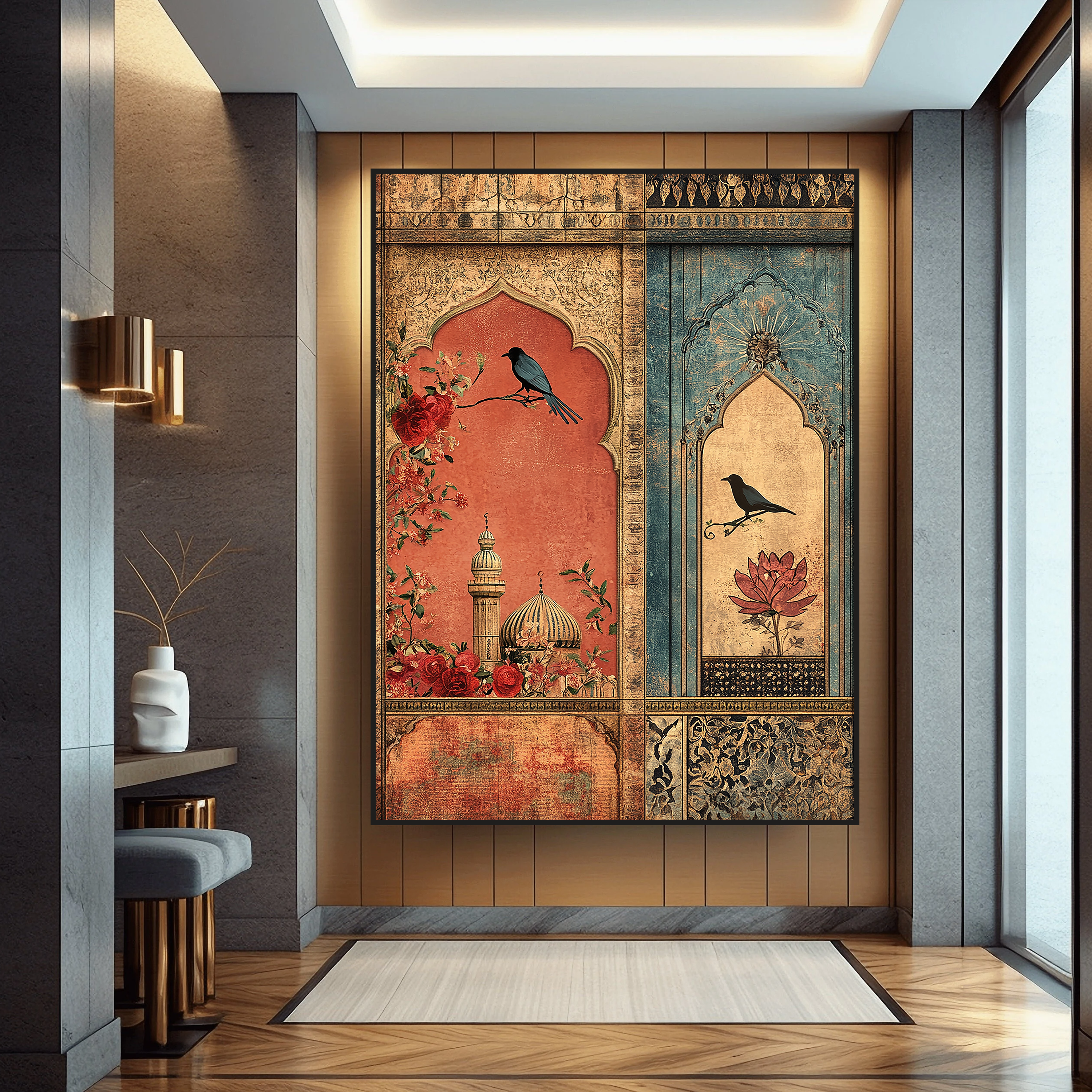 Verses on the Wall – Twin Panels of Mosque, Birds & Blossoms