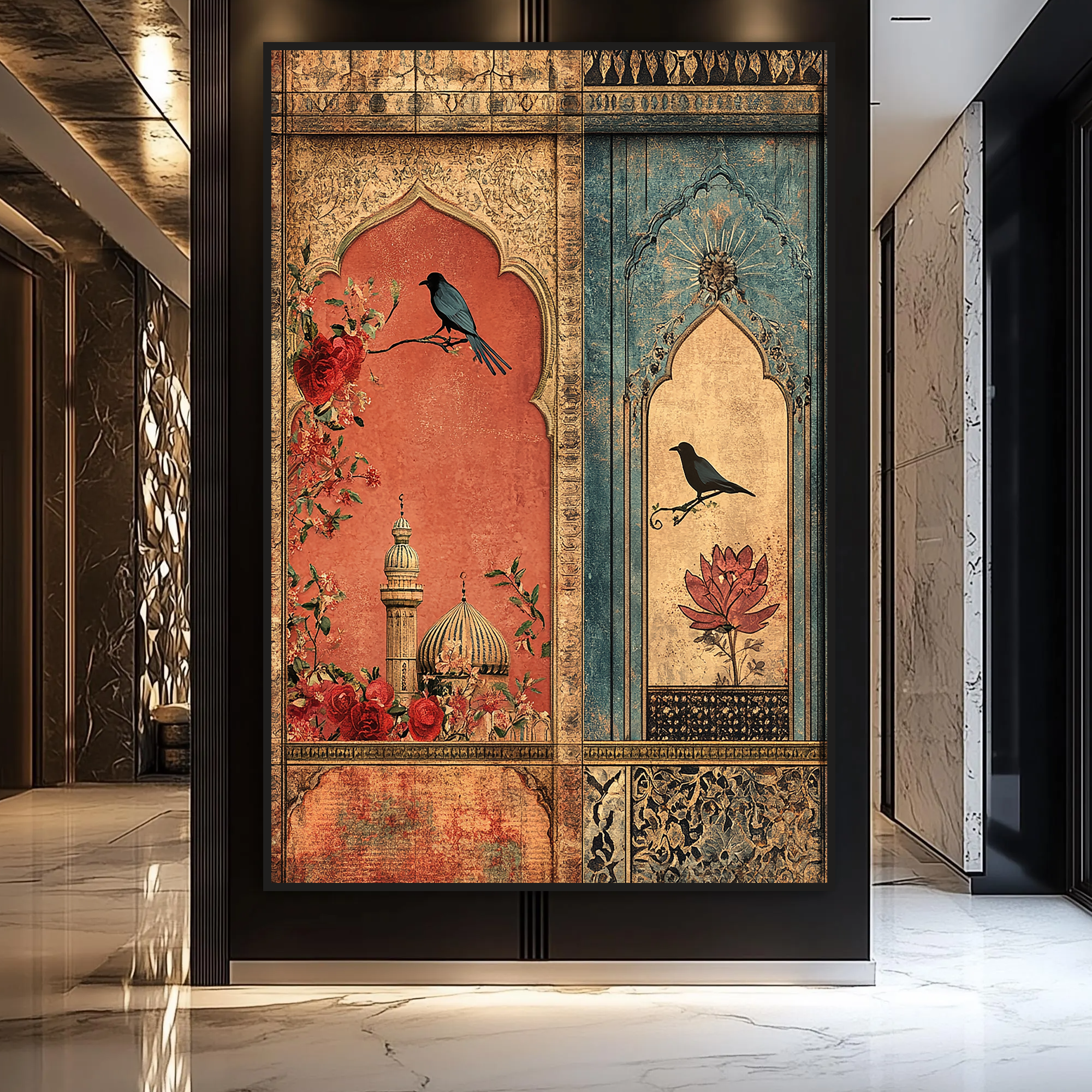 Verses on the Wall – Twin Panels of Mosque, Birds & Blossoms