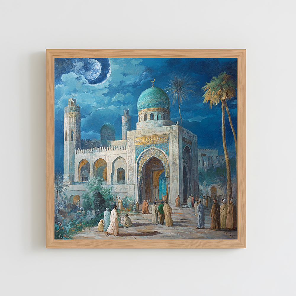 Islamic Shrine Wall Art | Mosque Night Canvas Painting | Moonlit Islamic Architecture Decor