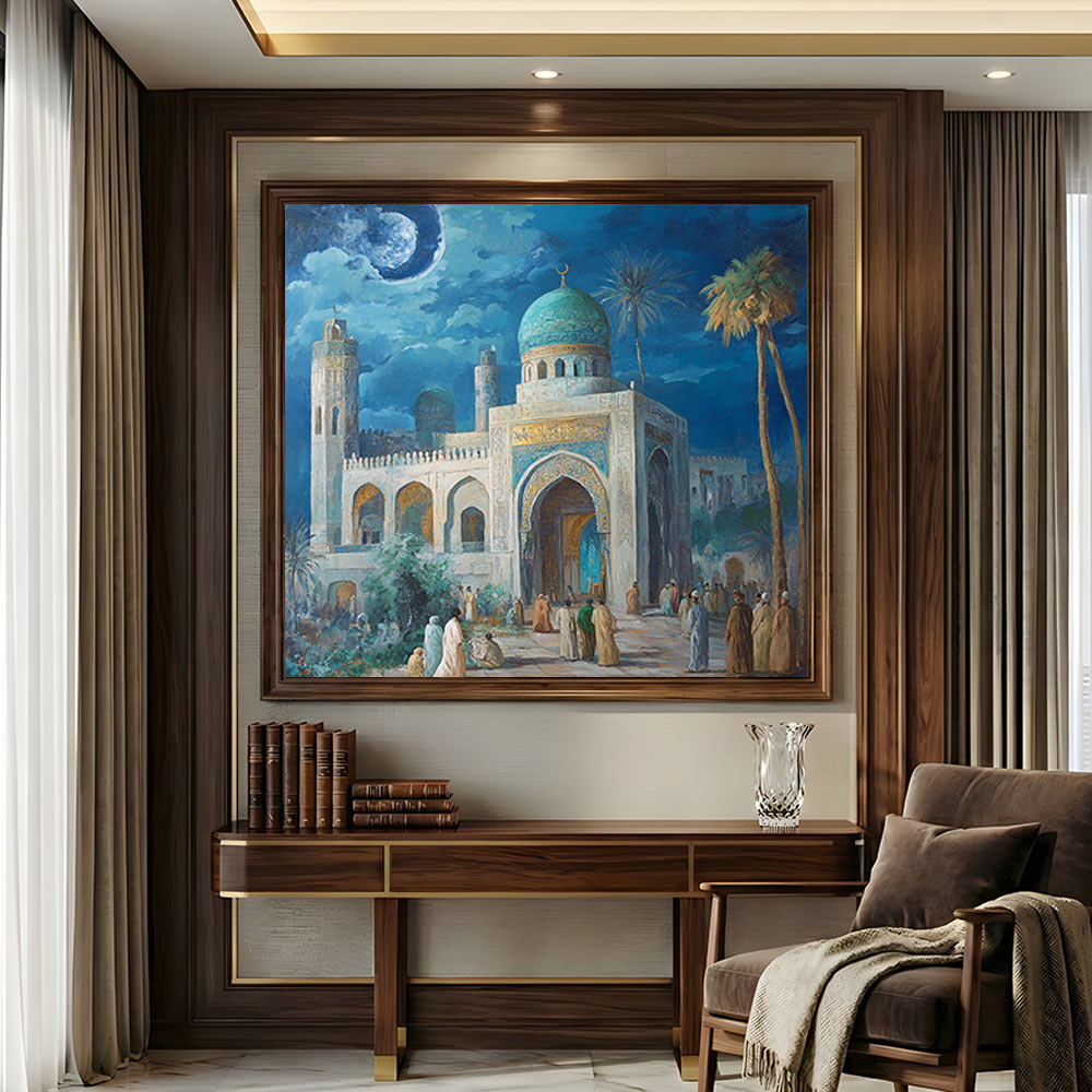 Islamic Shrine Wall Art | Mosque Night Canvas Painting | Moonlit Islamic Architecture Decor