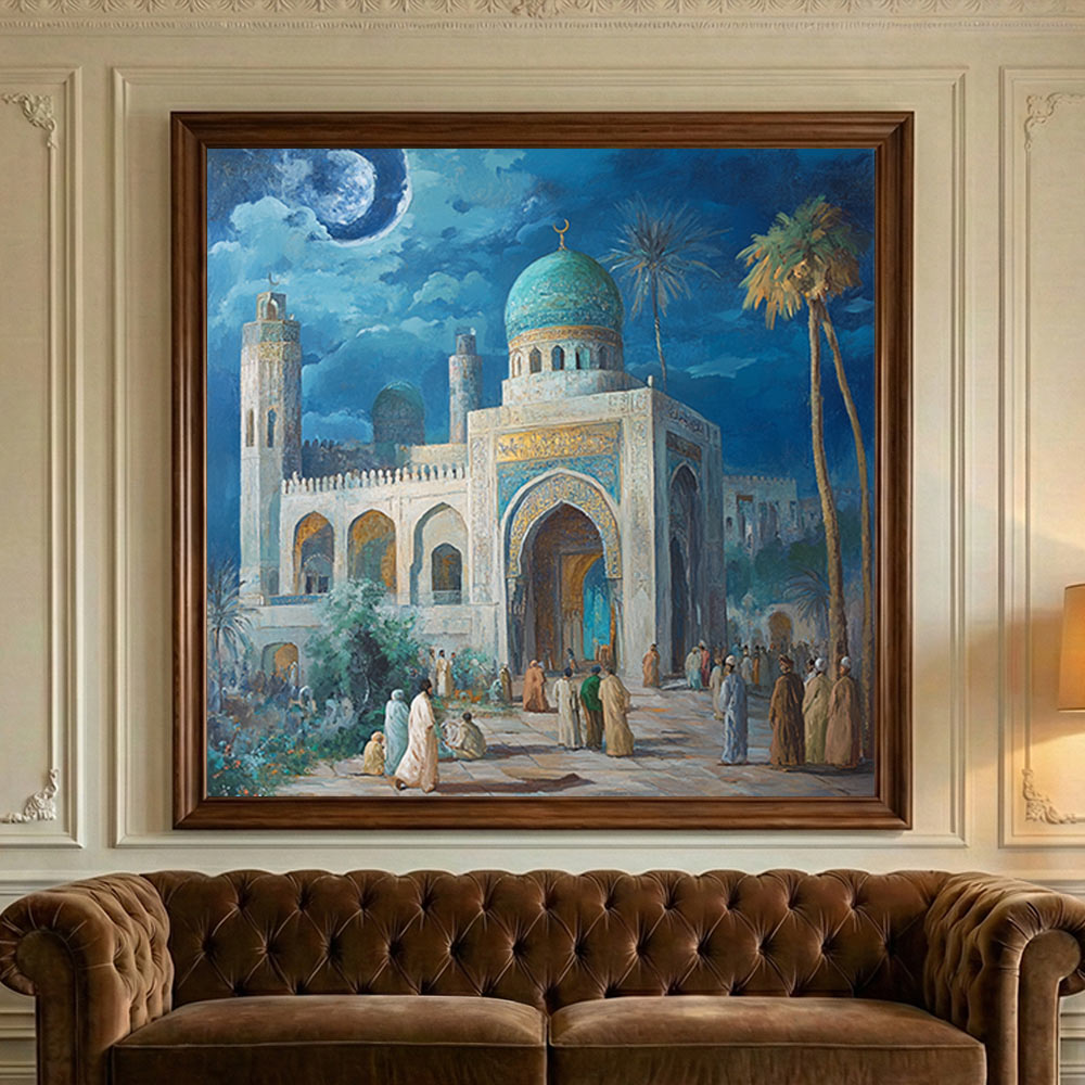 Islamic Shrine Wall Art | Mosque Night Canvas Painting | Moonlit Islamic Architecture Decor