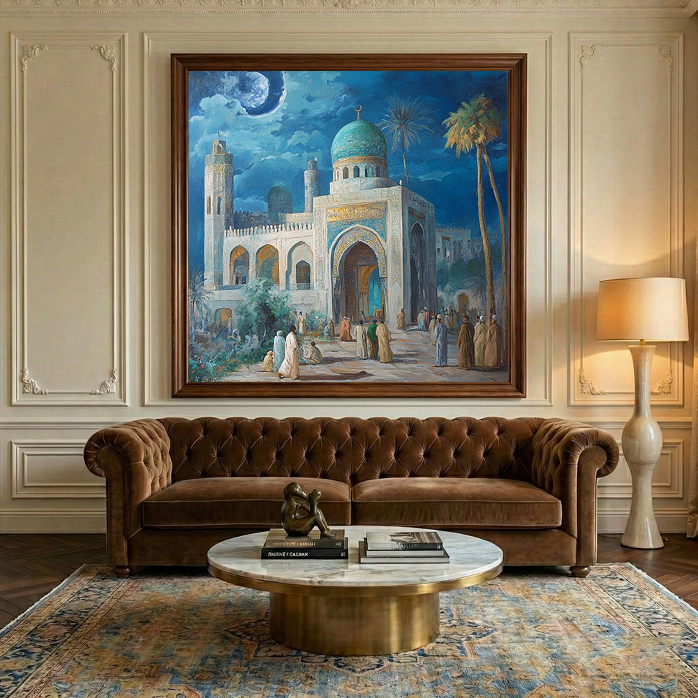 Islamic Shrine Wall Art | Mosque Night Canvas Painting | Moonlit Islamic Architecture Decor