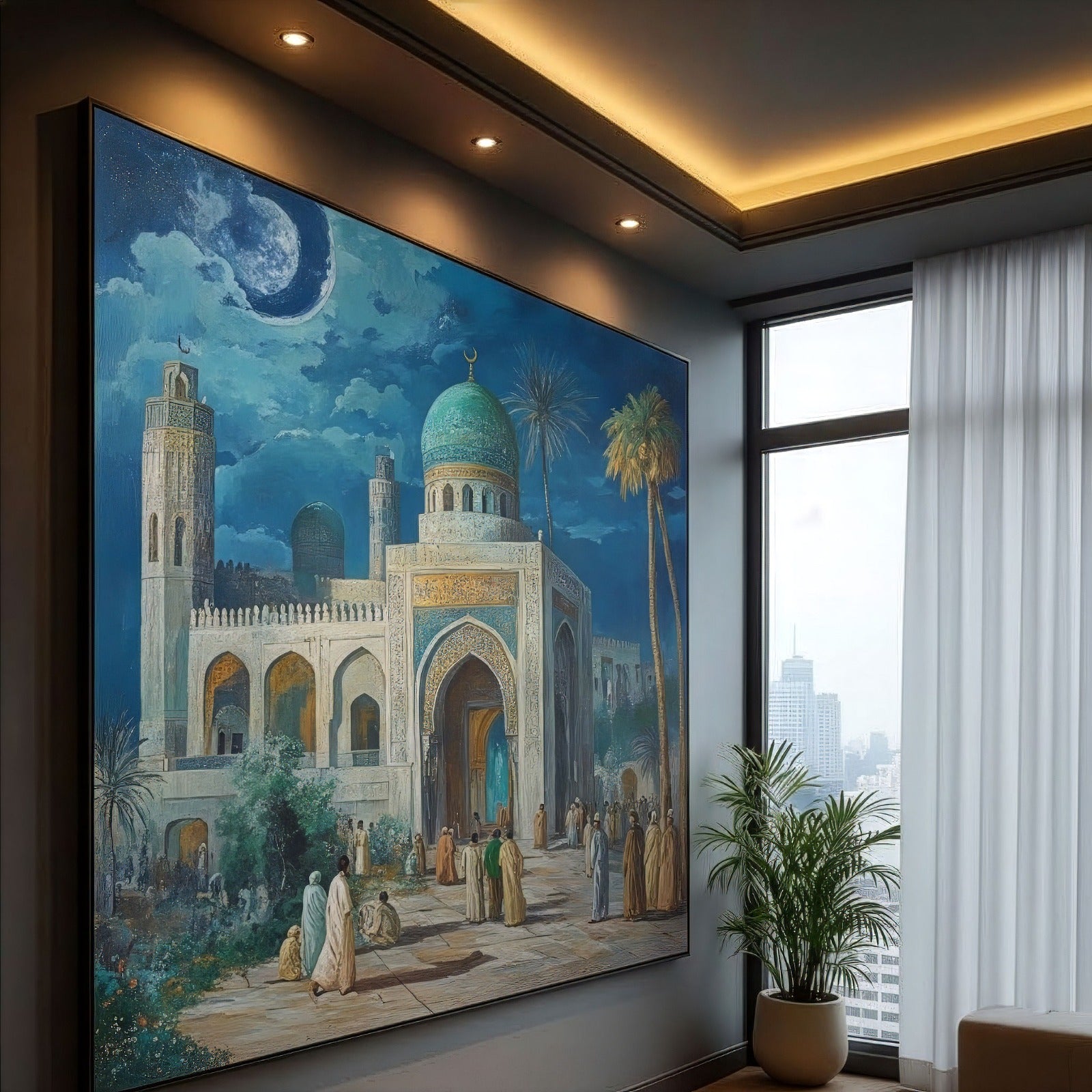 Islamic Shrine Wall Art | Mosque Night Canvas Painting | Moonlit Islamic Architecture Decor