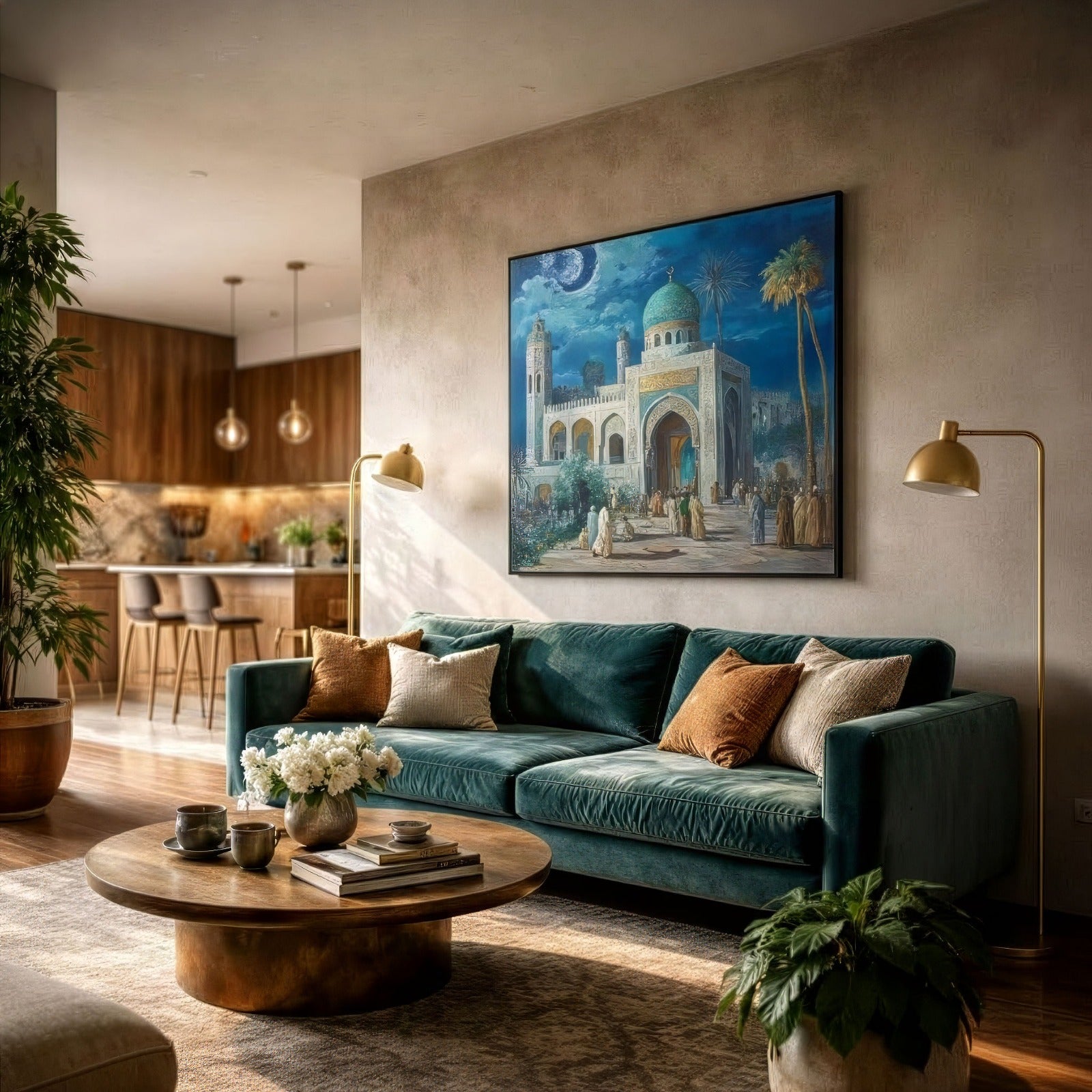 Islamic Shrine Wall Art | Mosque Night Canvas Painting | Moonlit Islamic Architecture Decor