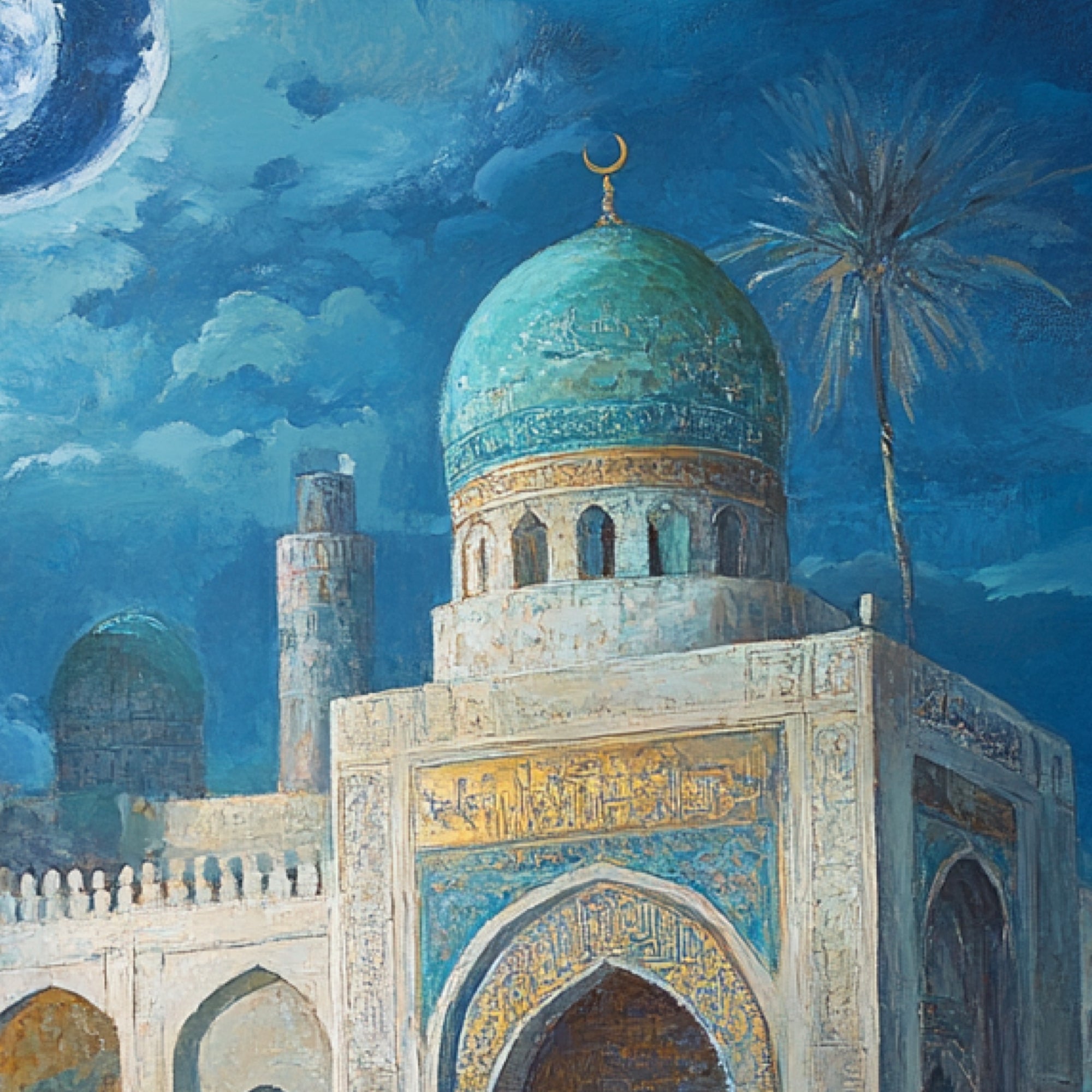 Islamic Shrine Wall Art | Mosque Night Canvas Painting | Moonlit Islamic Architecture Decor