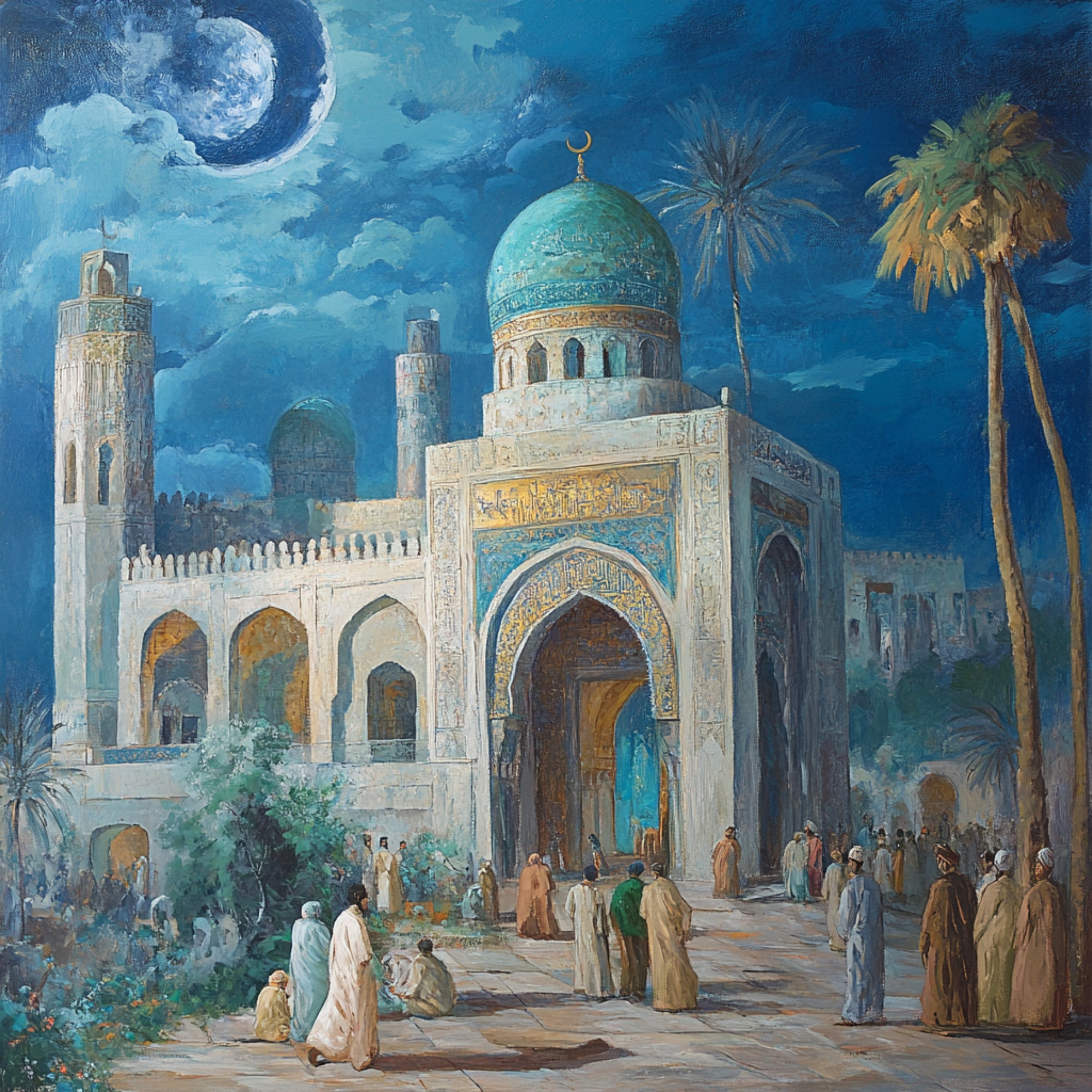 Islamic Shrine Wall Art | Mosque Night Canvas Painting | Moonlit Islamic Architecture Decor