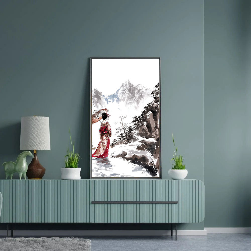 Yuki no Onna – Japanese Woman in Kimono with Snowy Mountains Wall Art.