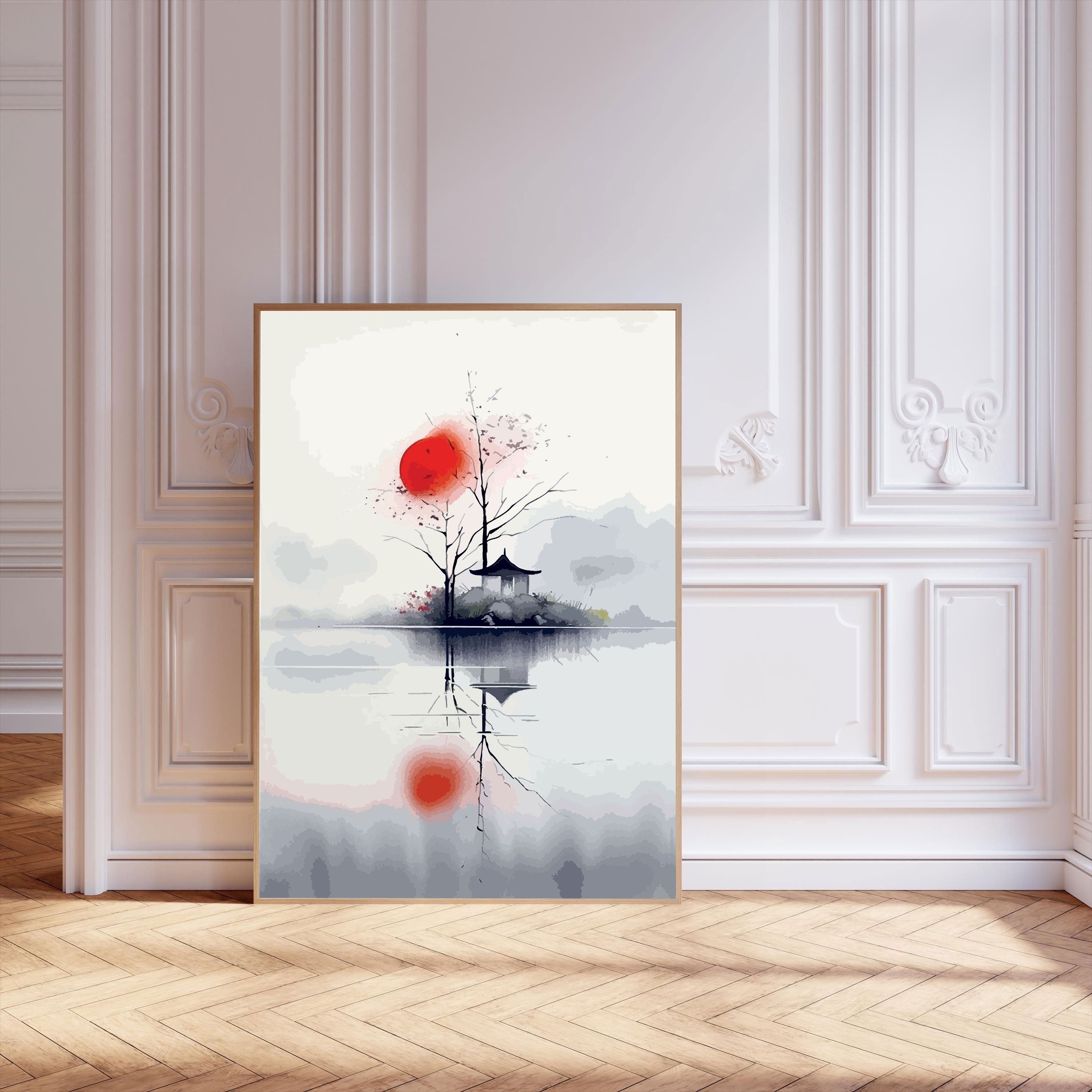 Shinkai no Akari – Minimal Japanese Red Sun & Temple Reflection Wall Art.