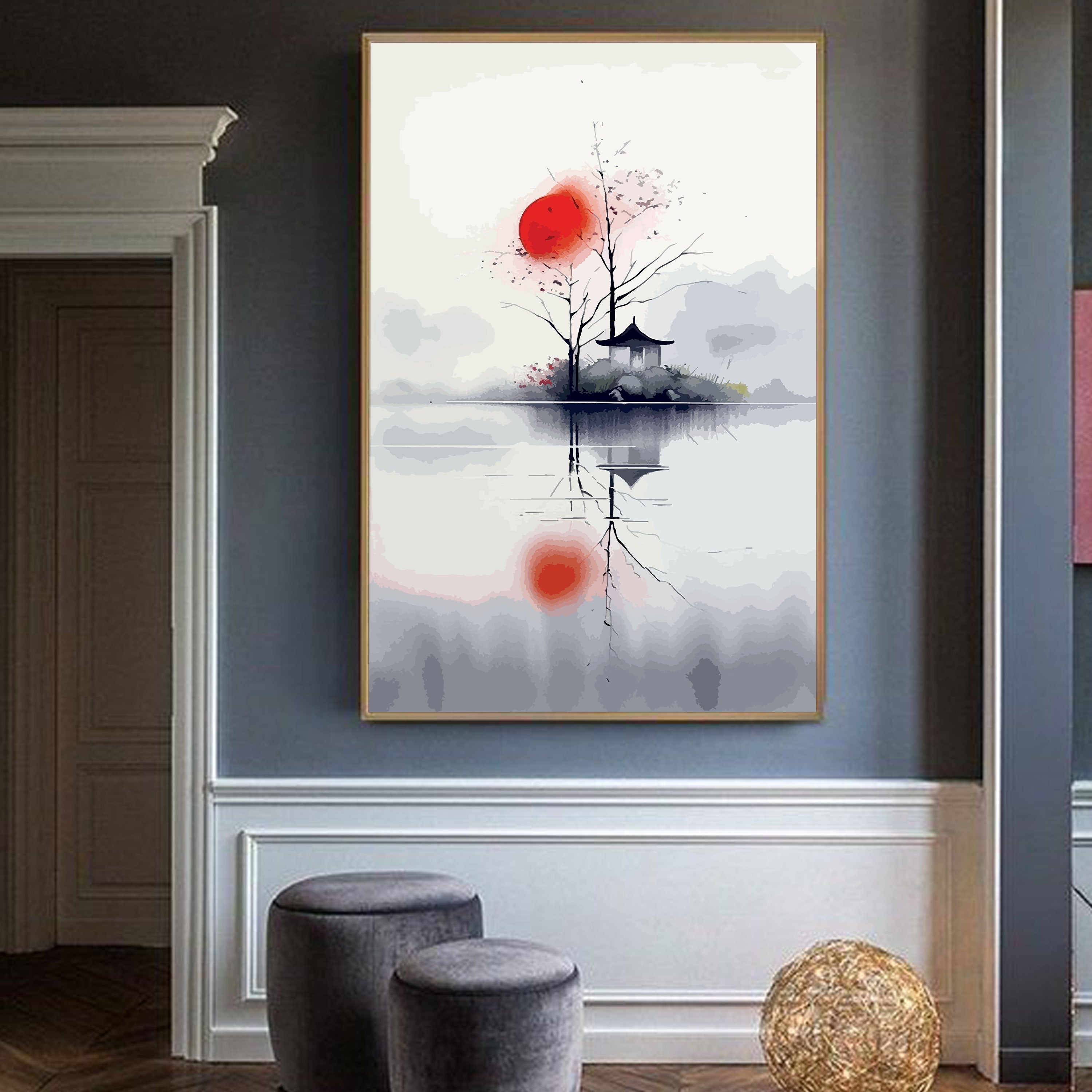 Shinkai no Akari – Minimal Japanese Red Sun & Temple Reflection Wall Art.
