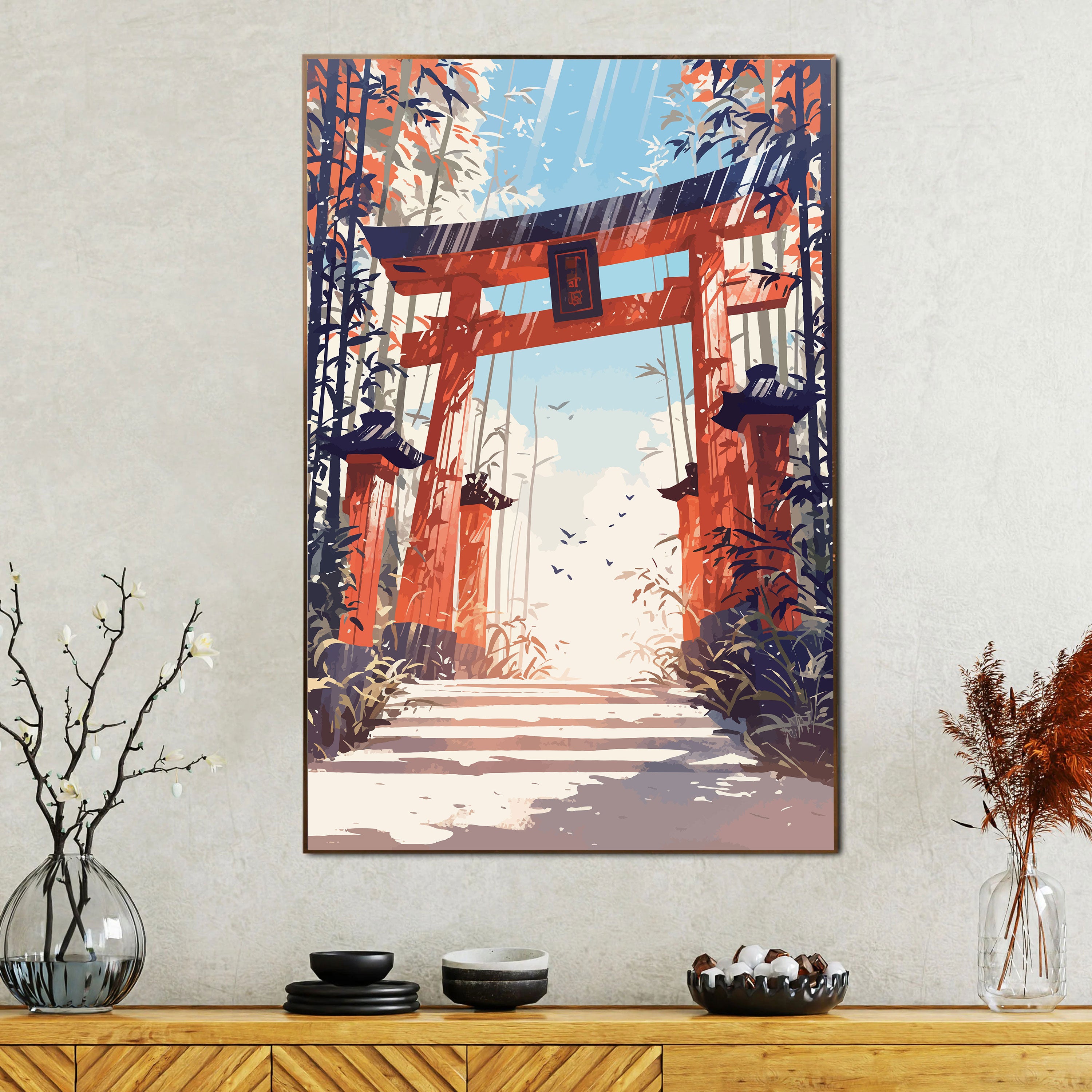 Torii no Asahi – Japanese Shrine Gate with Sunrise & Bamboo Path.