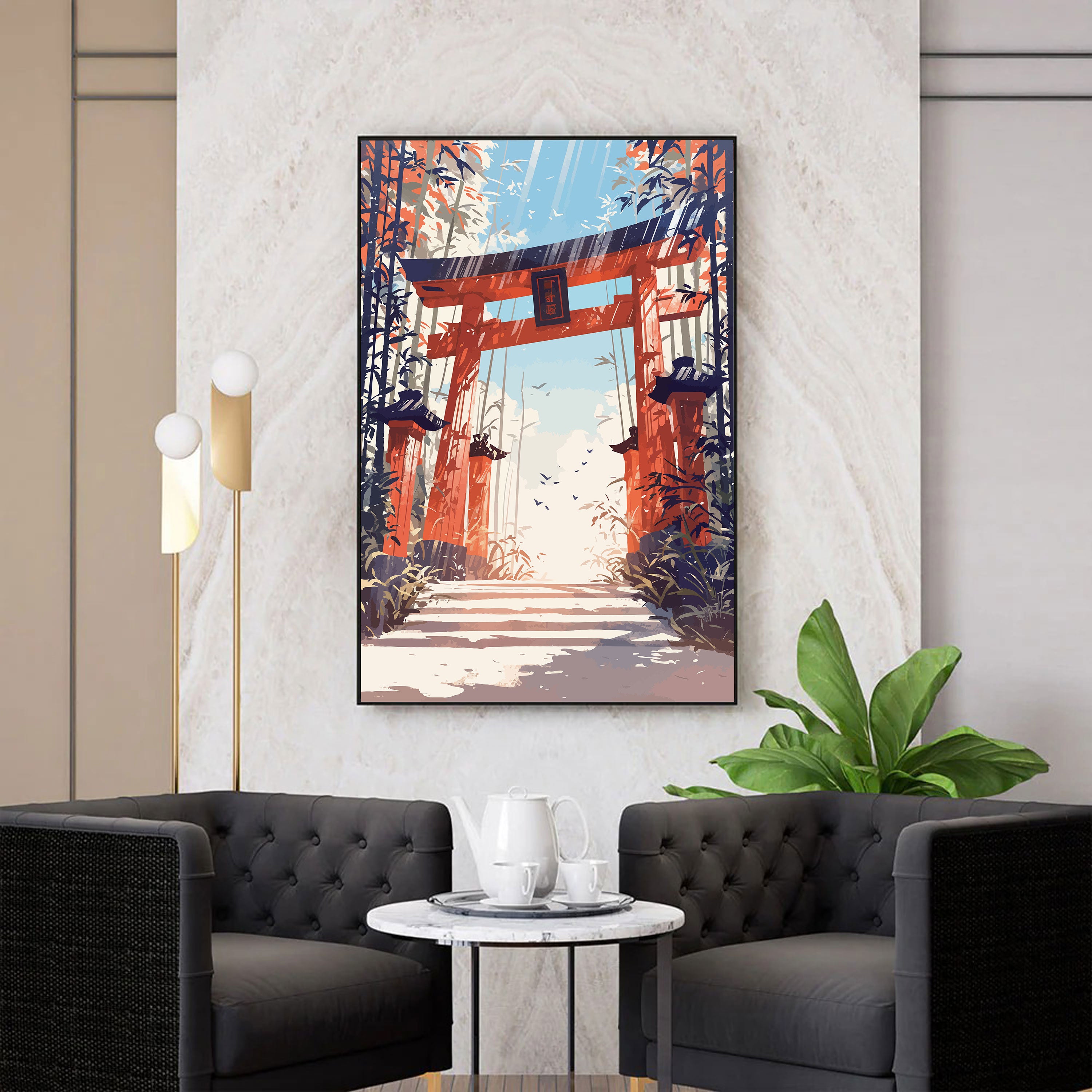 Torii no Asahi – Japanese Shrine Gate with Sunrise & Bamboo Path.