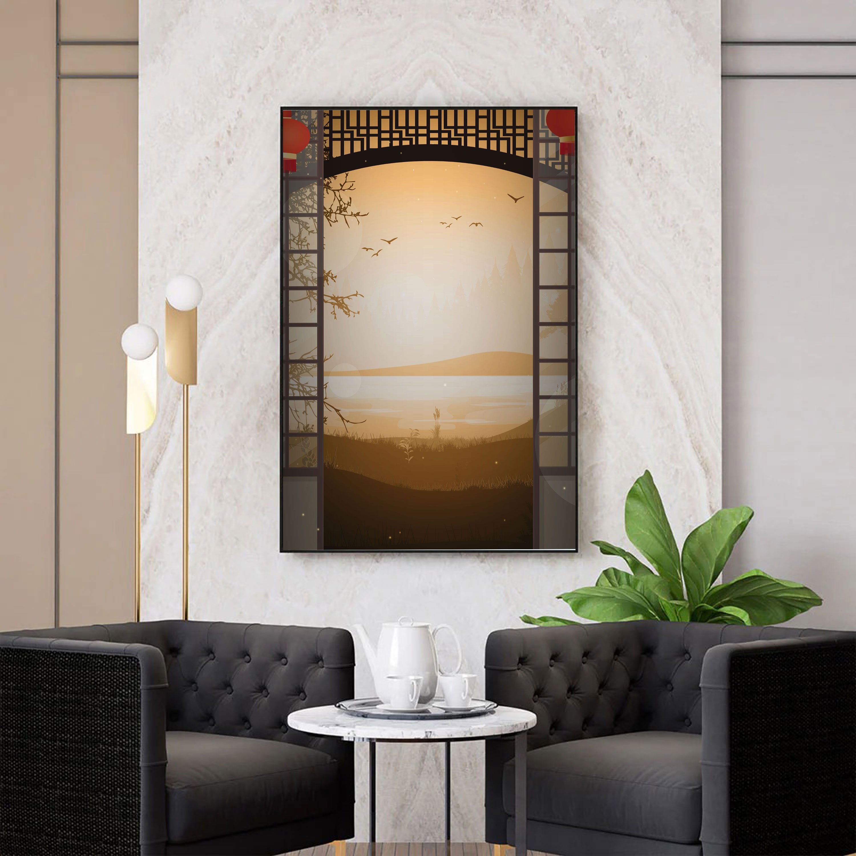 Yūyake no Tobira – Japanese Golden Sunset View Through Gate Wall Art.