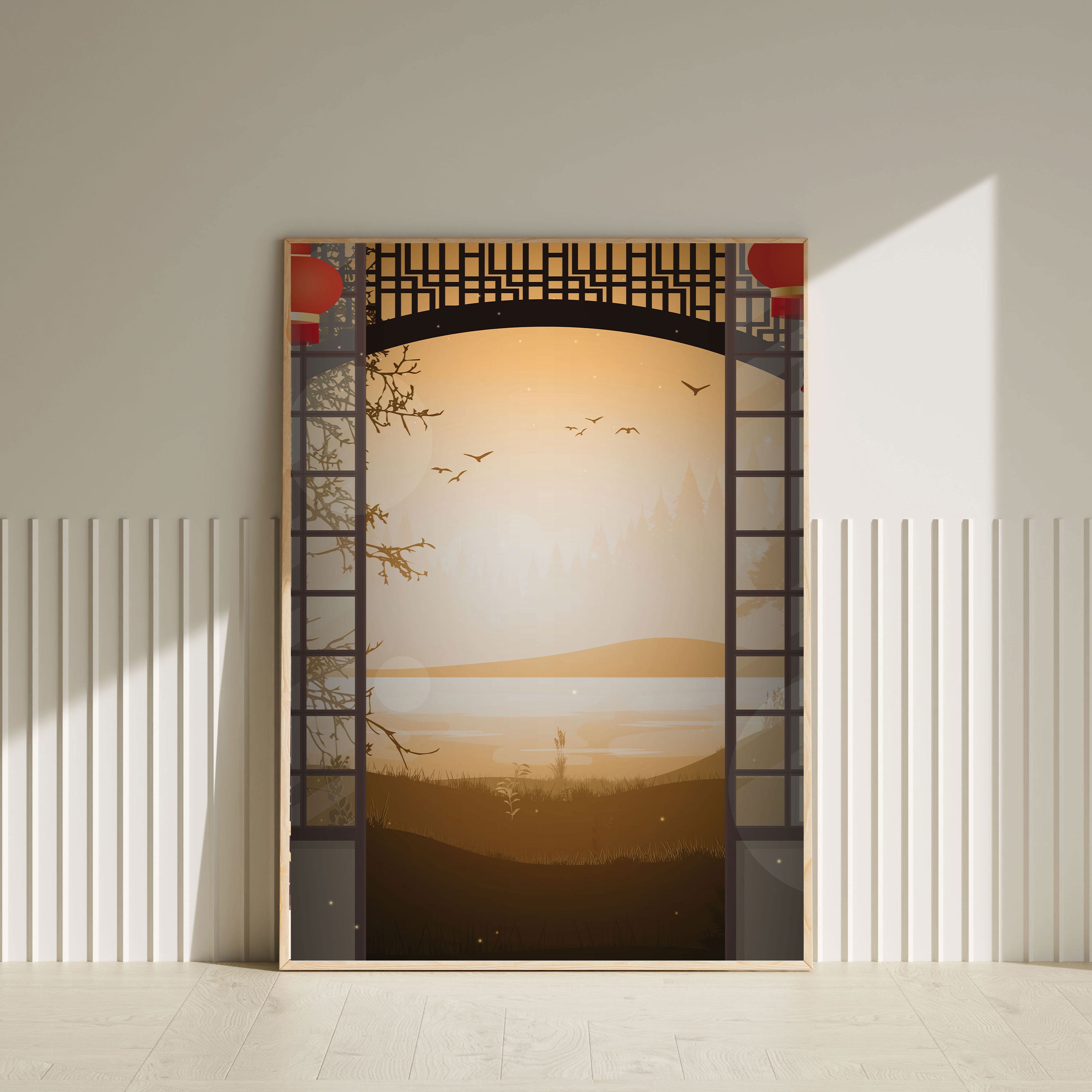 Yūyake no Tobira – Japanese Golden Sunset View Through Gate Wall Art.