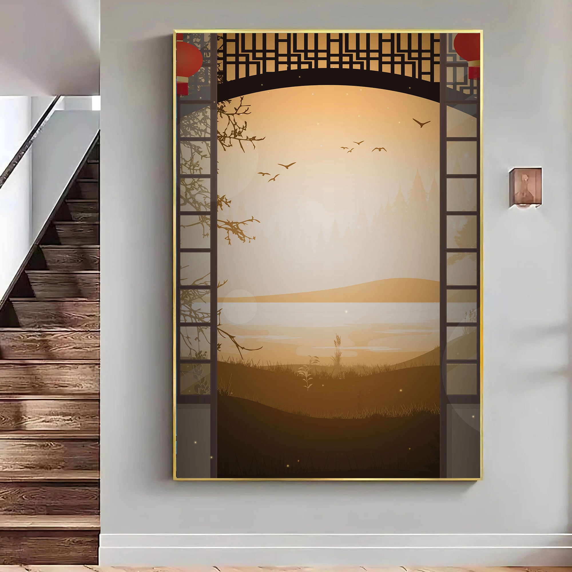 Yūyake no Tobira – Japanese Golden Sunset View Through Gate Wall Art.