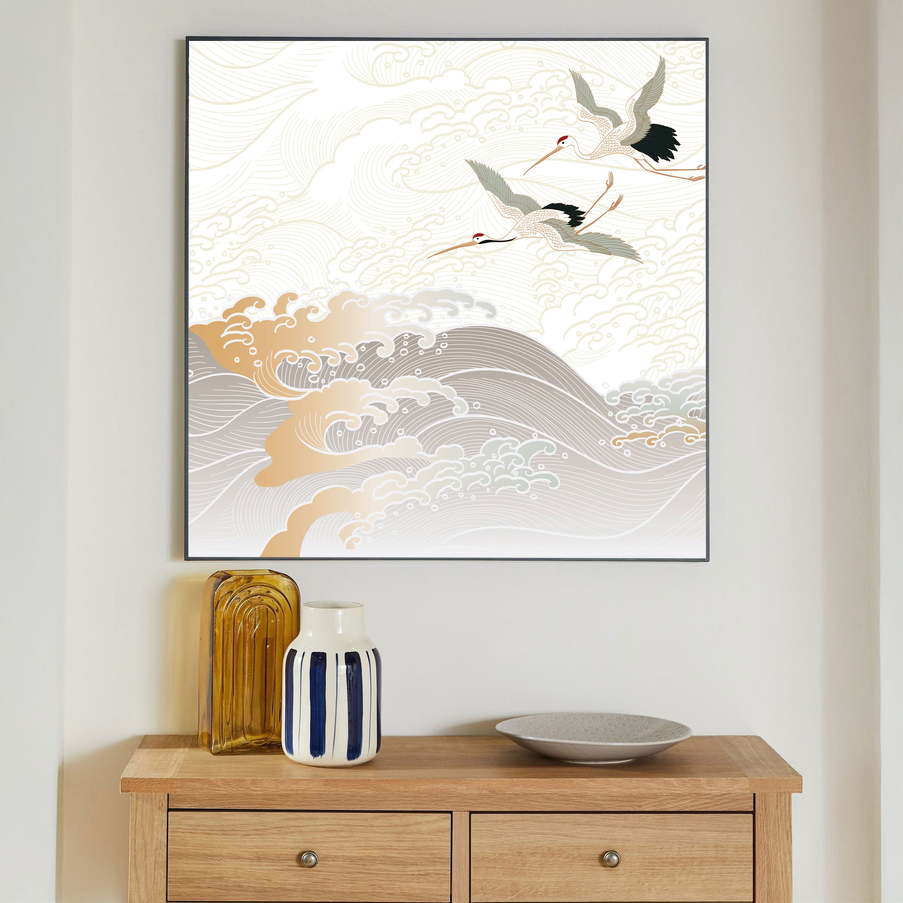 Flying Cranes & Ocean Waves – Japanese Gold Line Art Print.