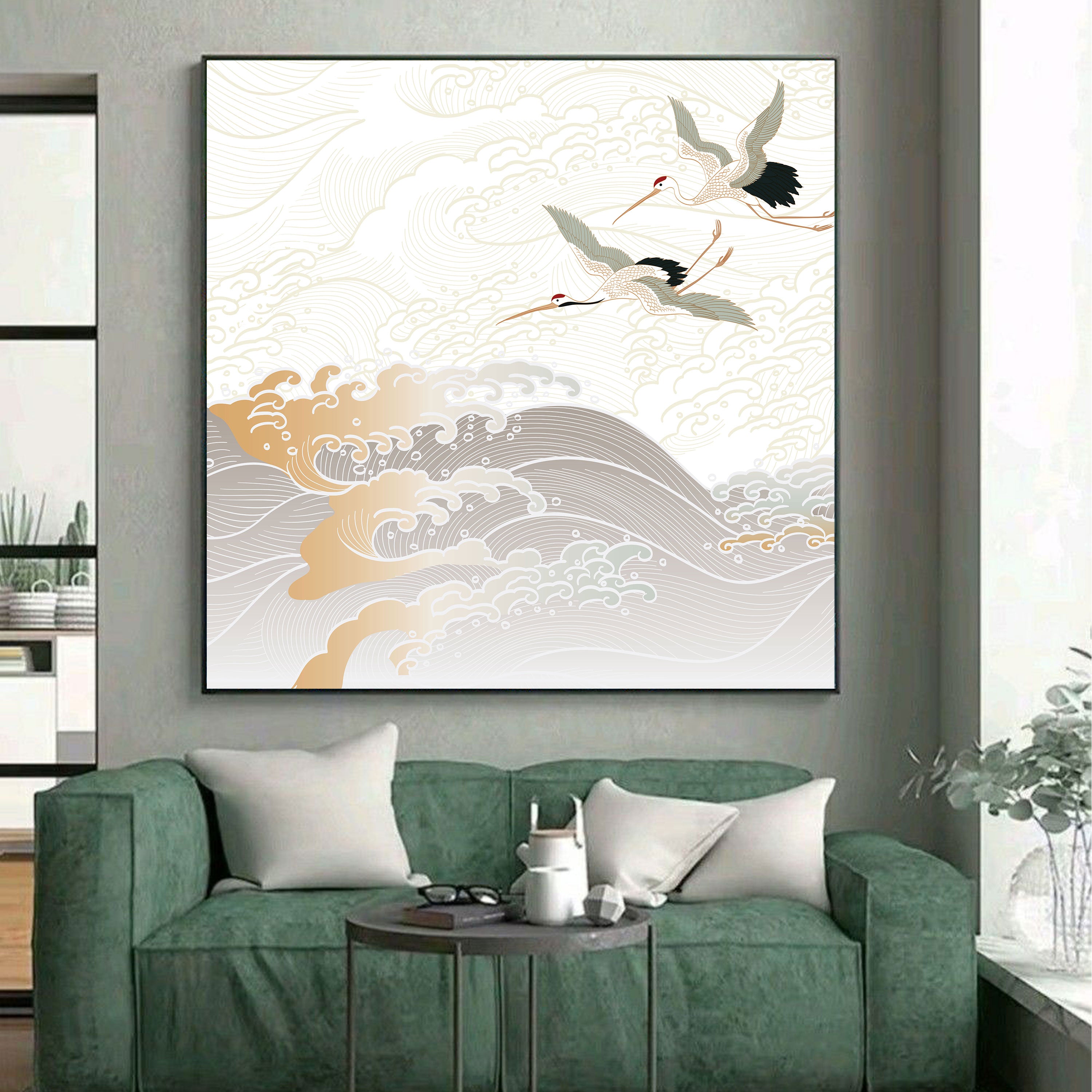 Flying Cranes & Ocean Waves – Japanese Gold Line Art Print.