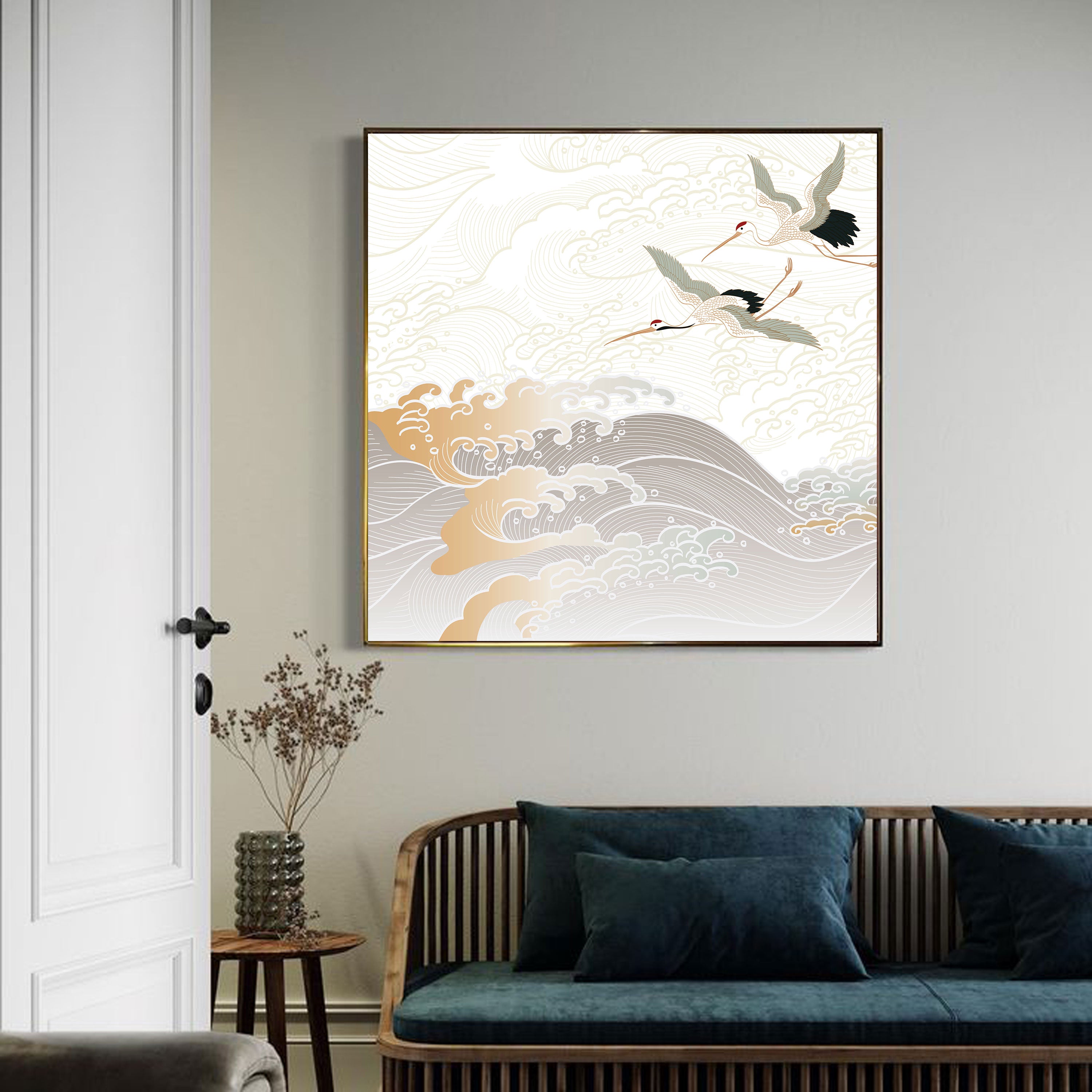 Flying Cranes & Ocean Waves – Japanese Gold Line Art Print.