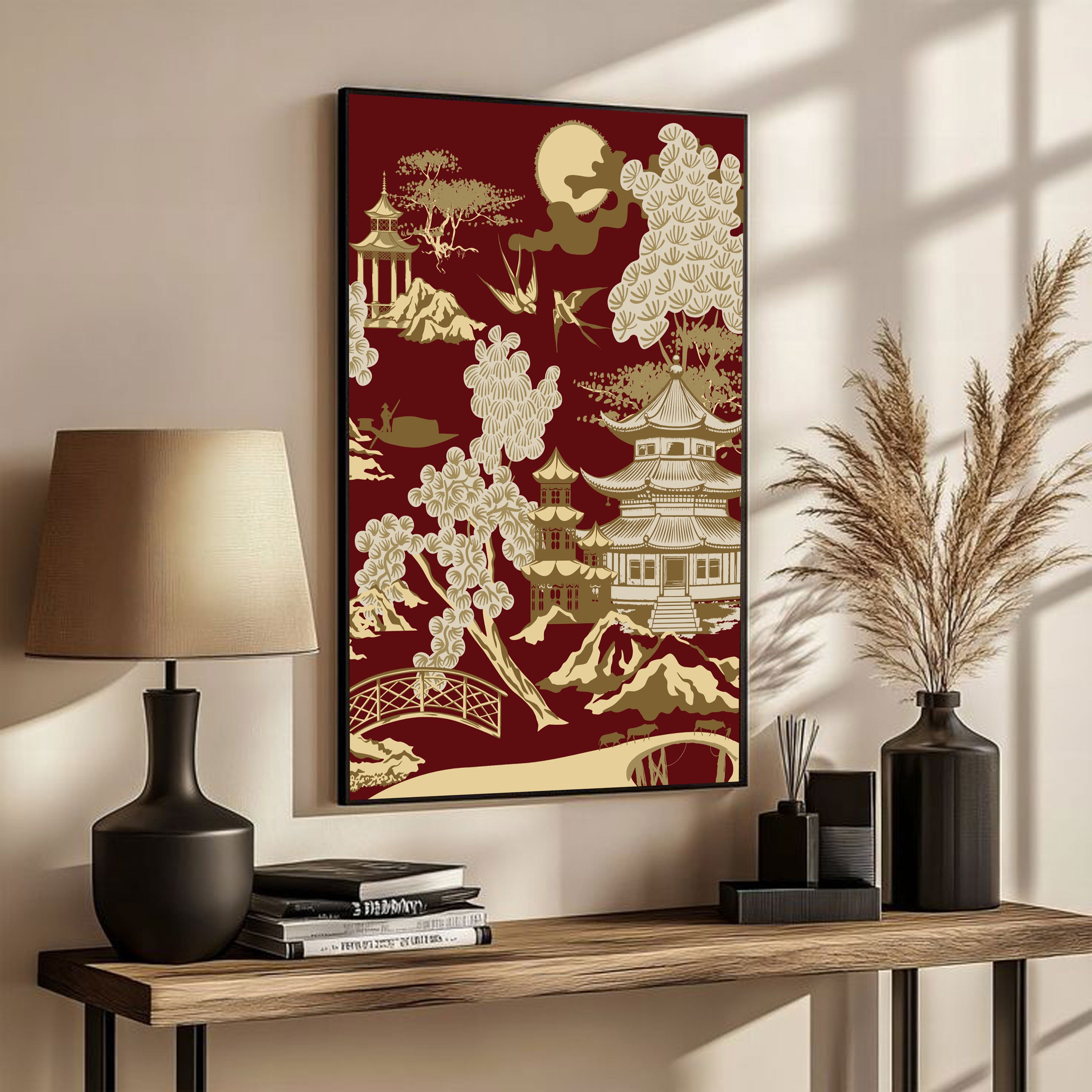 Golden Oriental Heritage – Vintage Japanese Pagoda Wall Art.