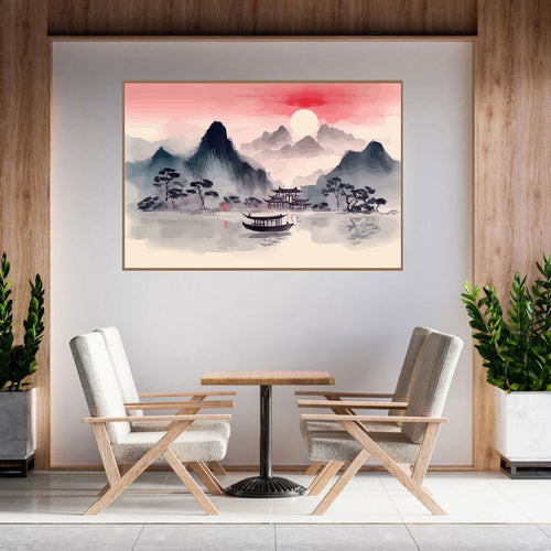 Serene Oriental Landscape Wall Art – Misty Mountains, Temple & Boat by Krutik.