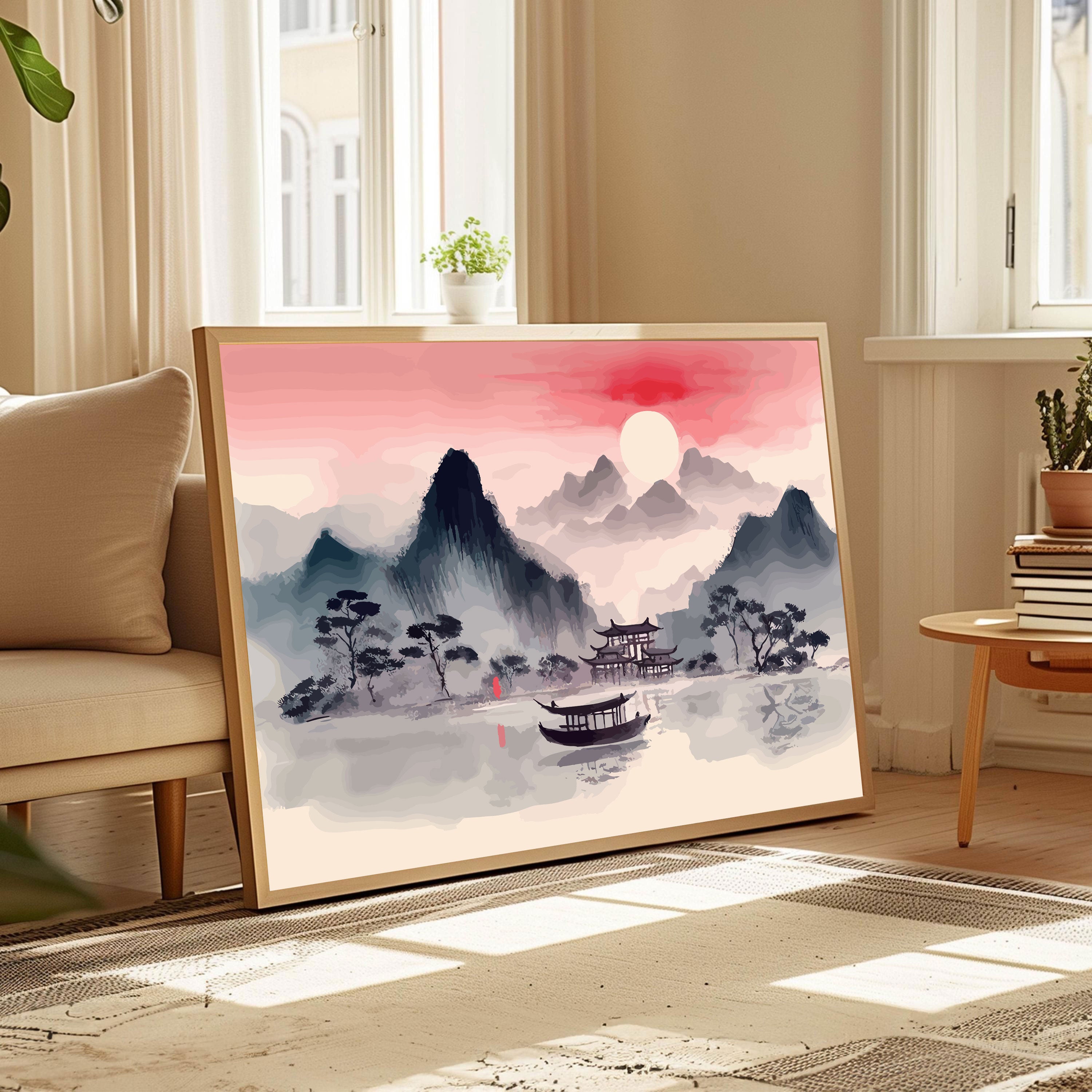 Serene Oriental Landscape Wall Art – Misty Mountains, Temple & Boat by Krutik.