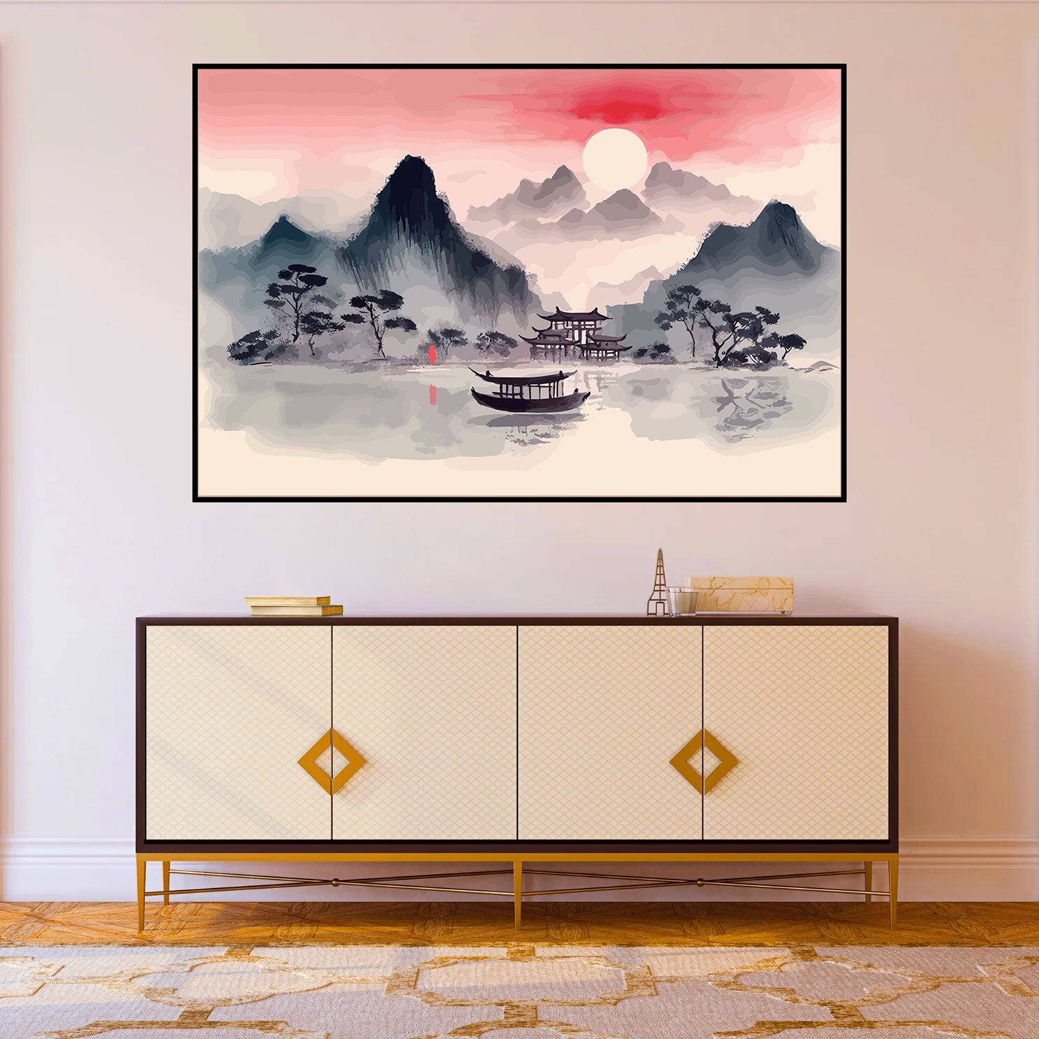 Serene Oriental Landscape Wall Art – Misty Mountains, Temple & Boat by Krutik.
