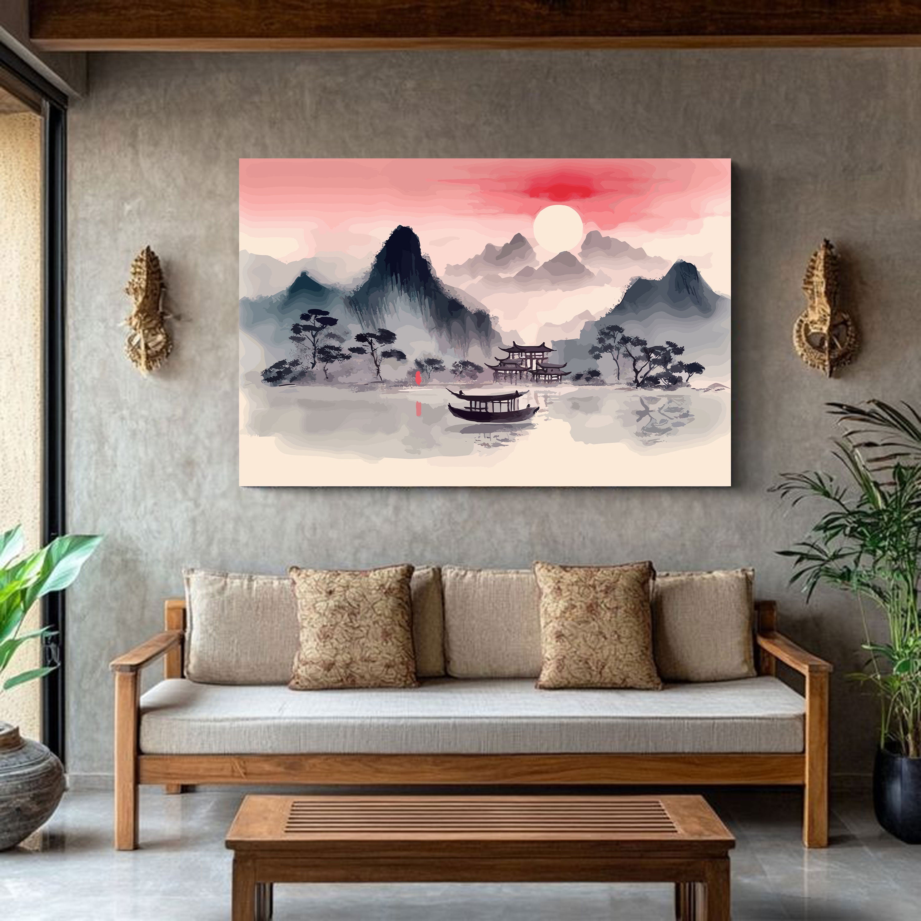 Serene Oriental Landscape Wall Art – Misty Mountains, Temple & Boat by Krutik.