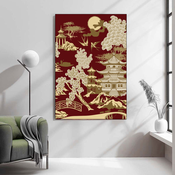 Golden Oriental Heritage – Vintage Japanese Pagoda Wall Art.