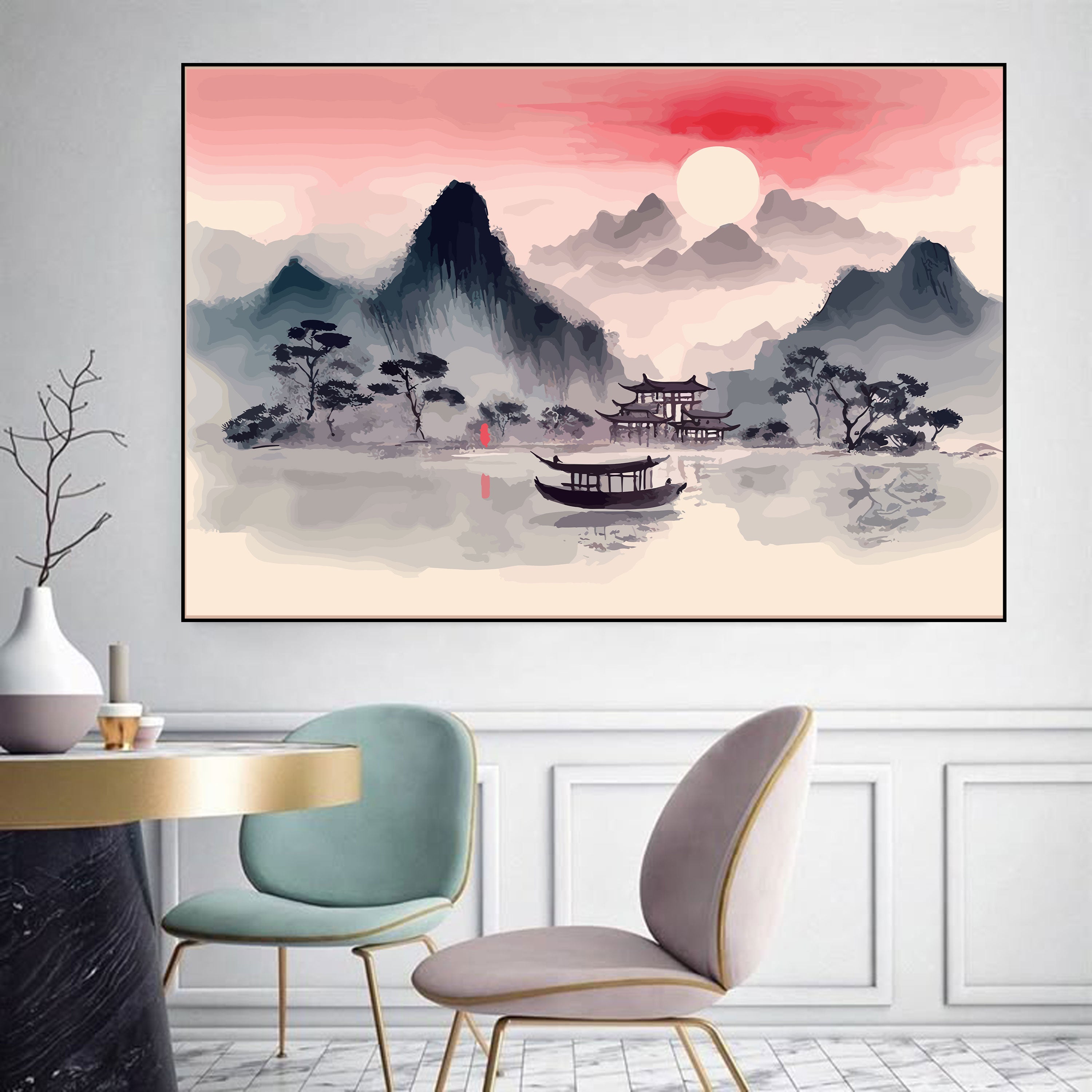 Serene Oriental Landscape Wall Art – Misty Mountains, Temple & Boat by Krutik.