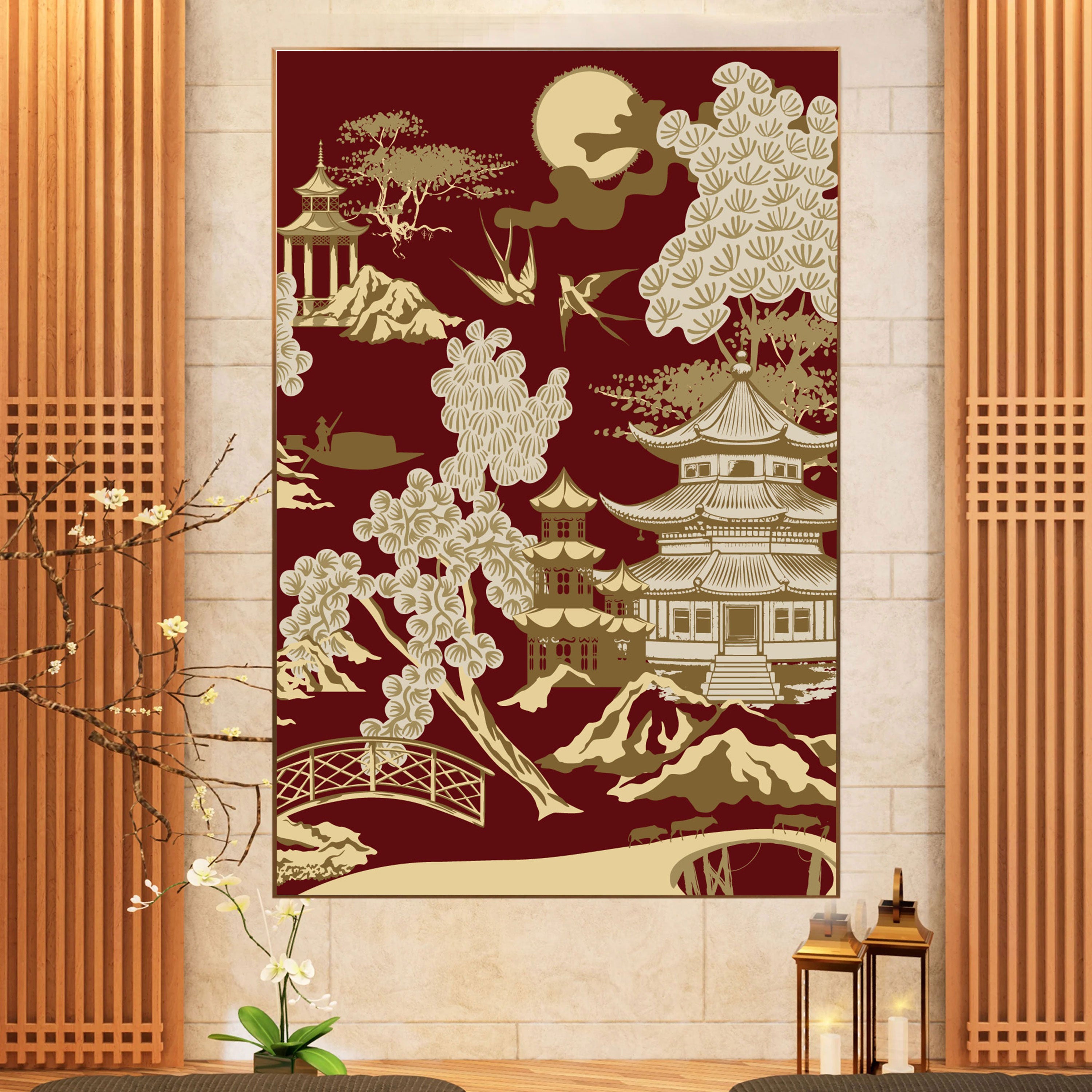Golden Oriental Heritage – Vintage Japanese Pagoda Wall Art.