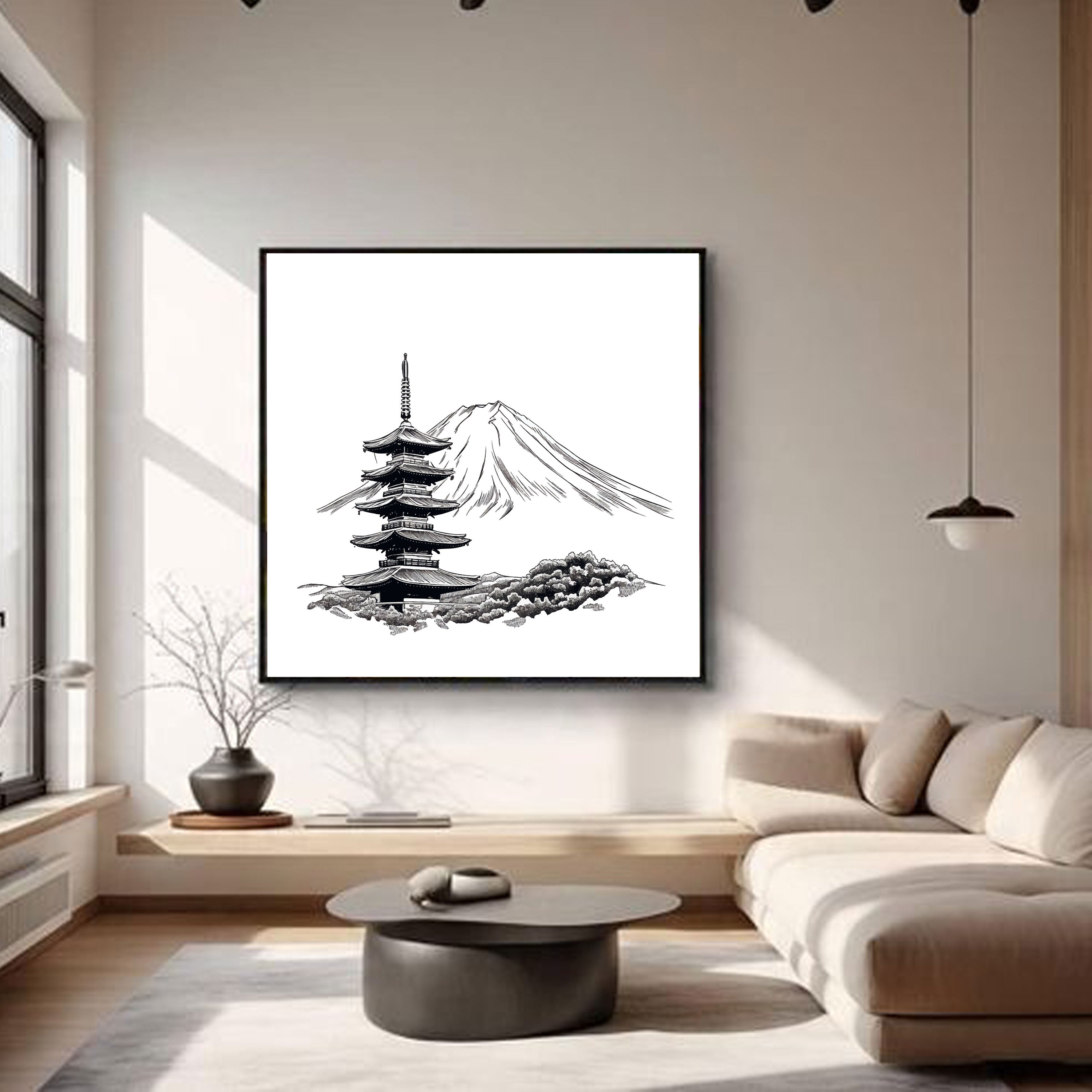 Mount Fuji & Pagoda Sketch – Japanese Minimal Line Art.