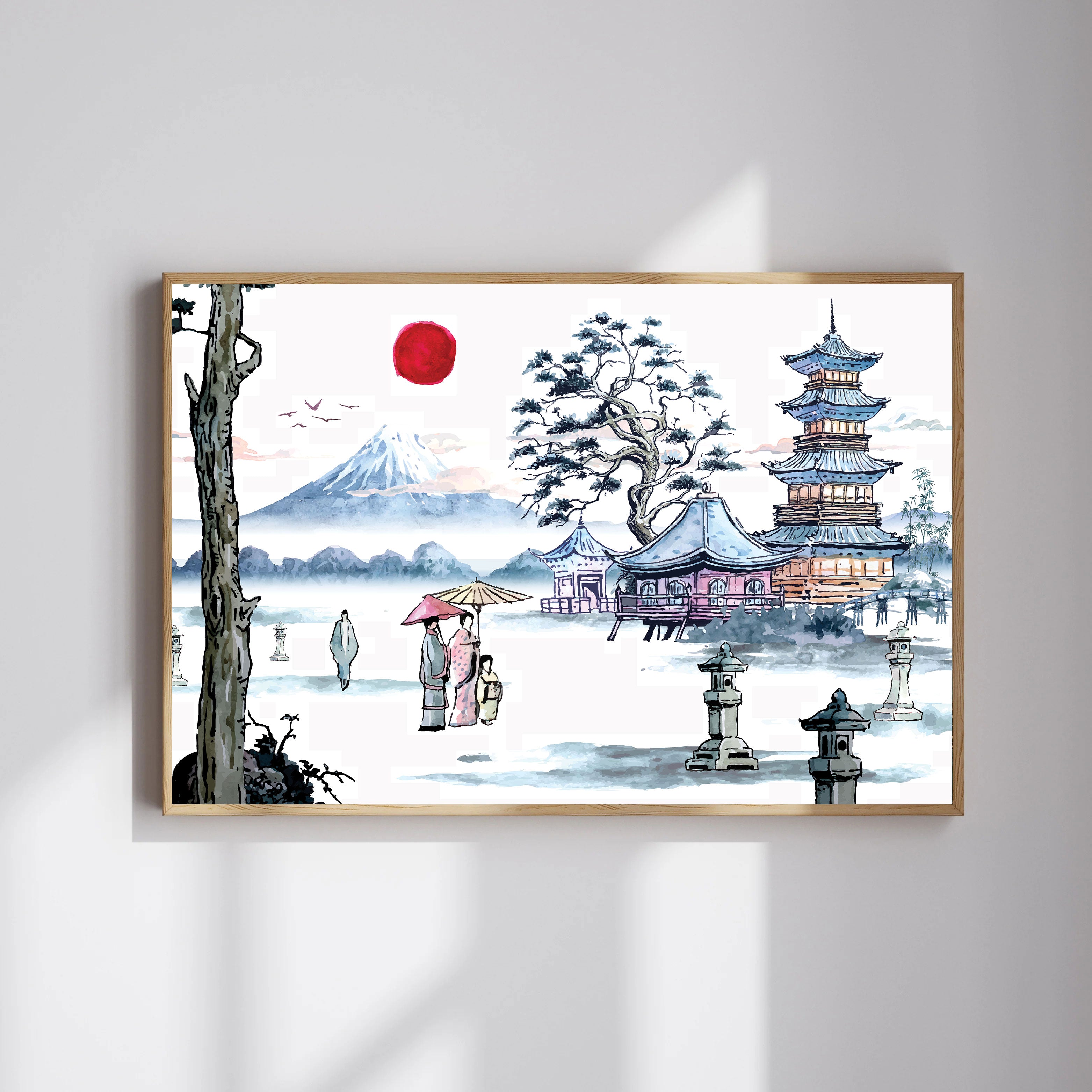 Traditional Japanese Pagoda Wall Art – Mount Fuji & Kimono Scene in Watercolor Style.