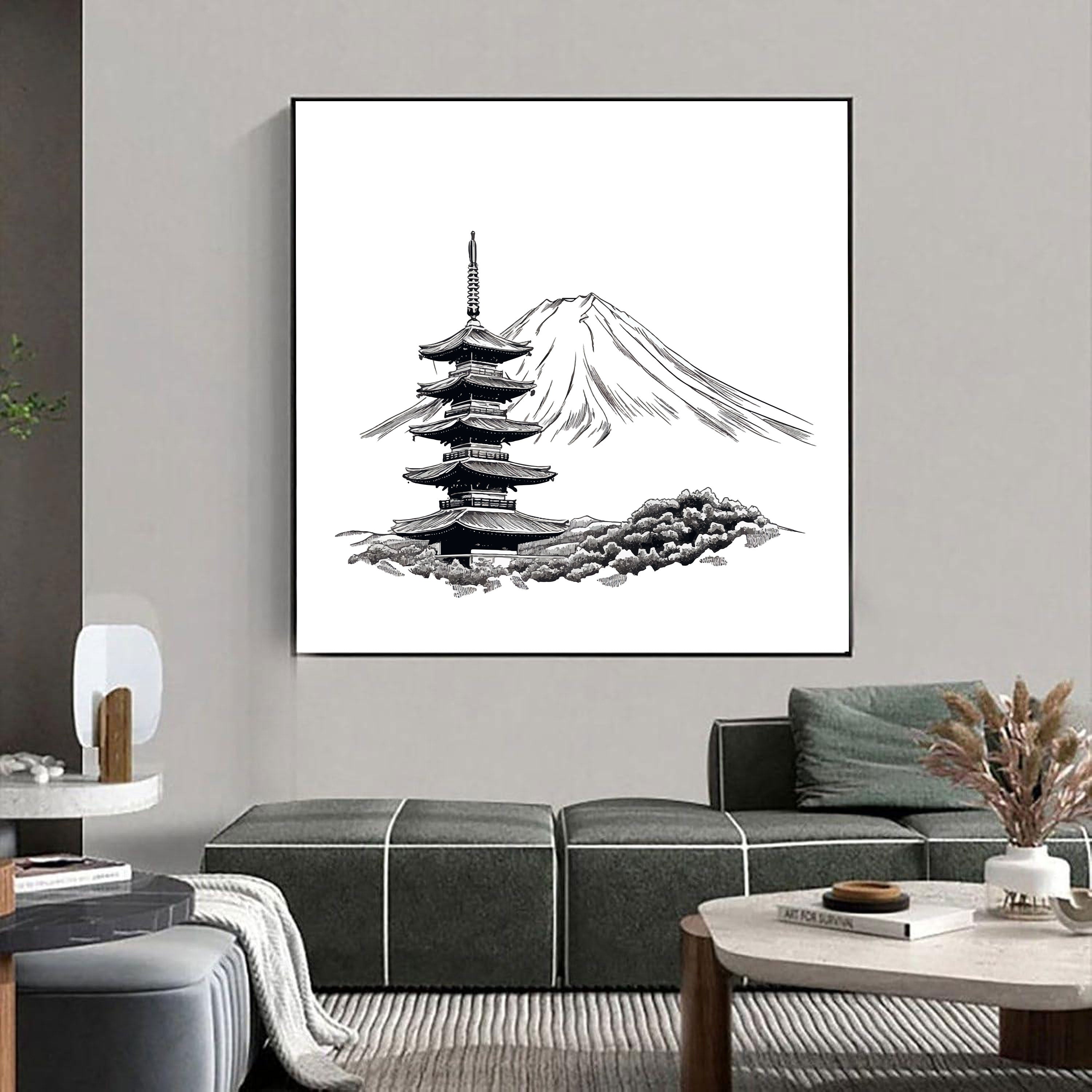 Mount Fuji & Pagoda Sketch – Japanese Minimal Line Art.