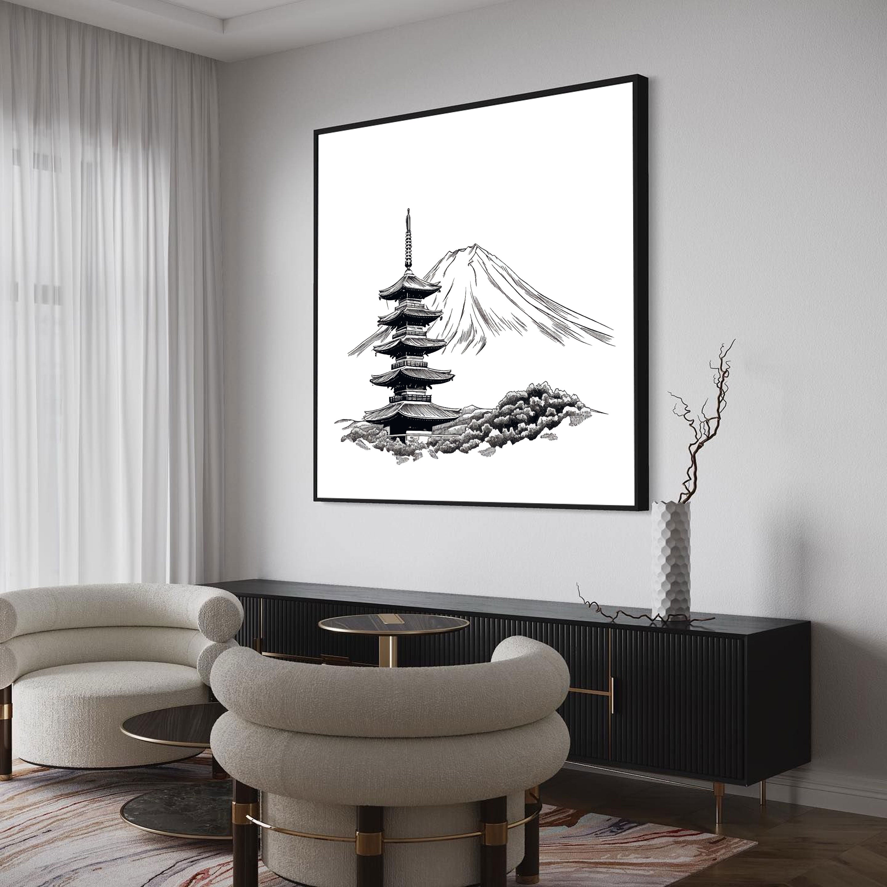 Mount Fuji & Pagoda Sketch – Japanese Minimal Line Art.
