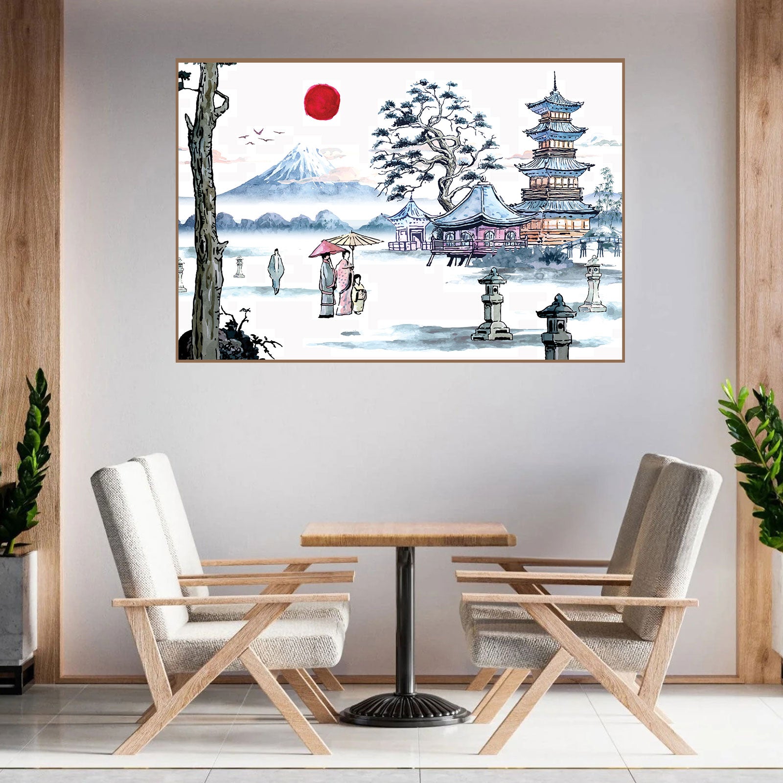 Traditional Japanese Pagoda Wall Art – Mount Fuji & Kimono Scene in Watercolor Style.