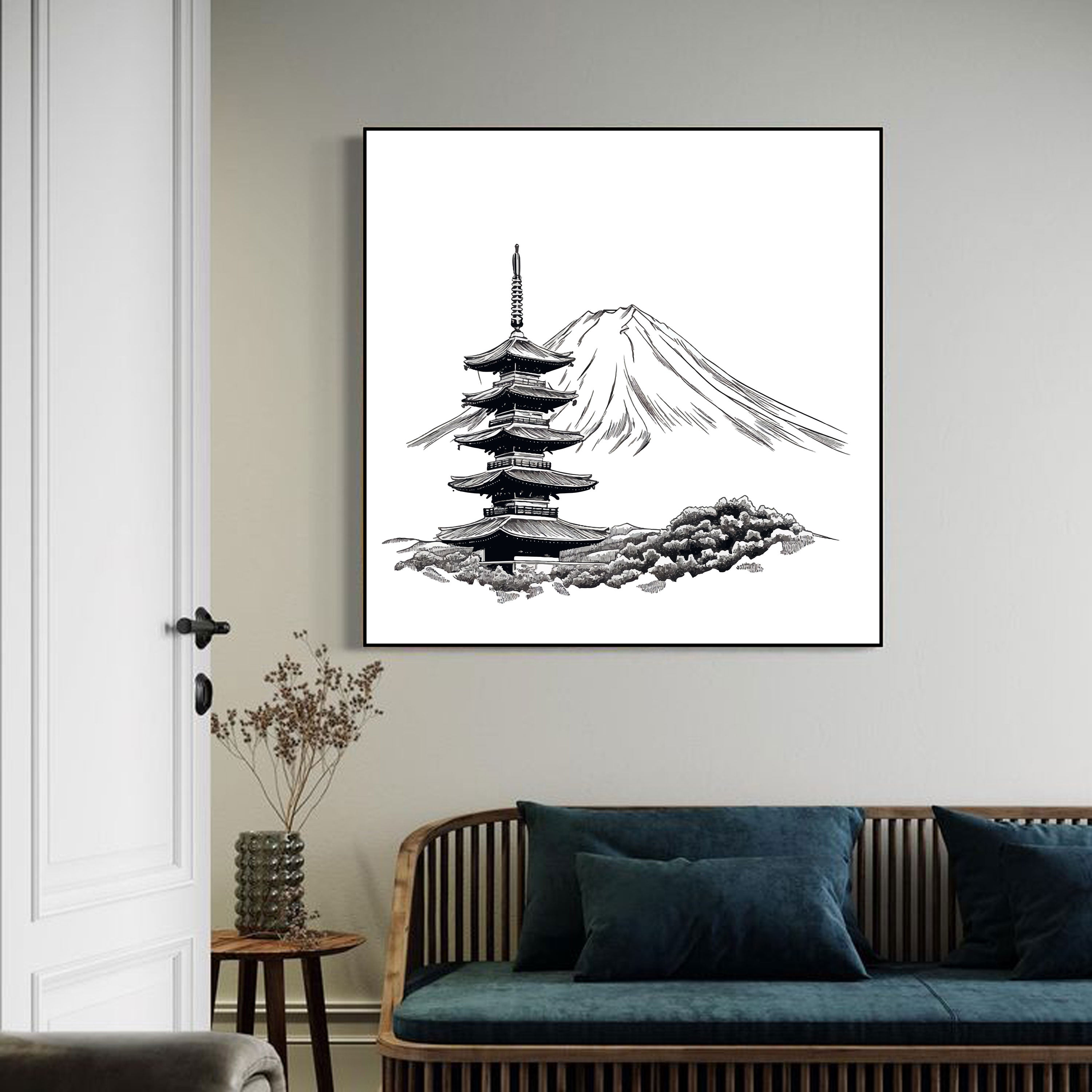 Mount Fuji & Pagoda Sketch – Japanese Minimal Line Art.