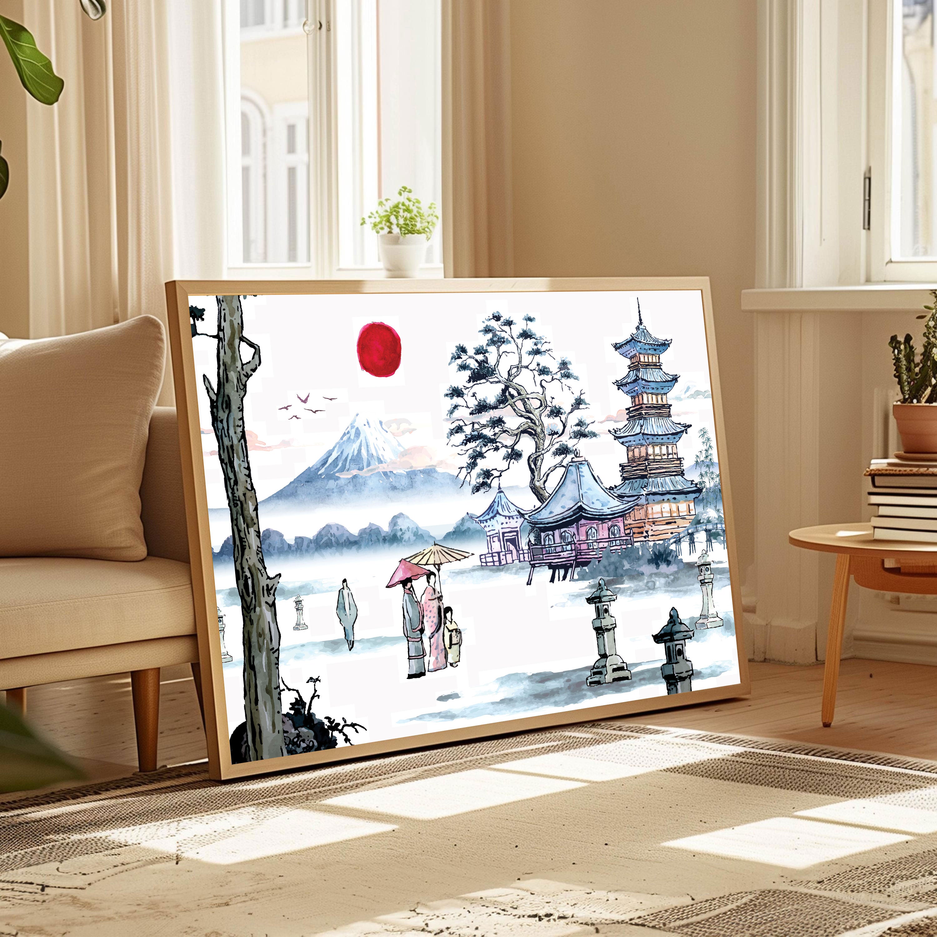 Traditional Japanese Pagoda Wall Art – Mount Fuji & Kimono Scene in Watercolor Style.